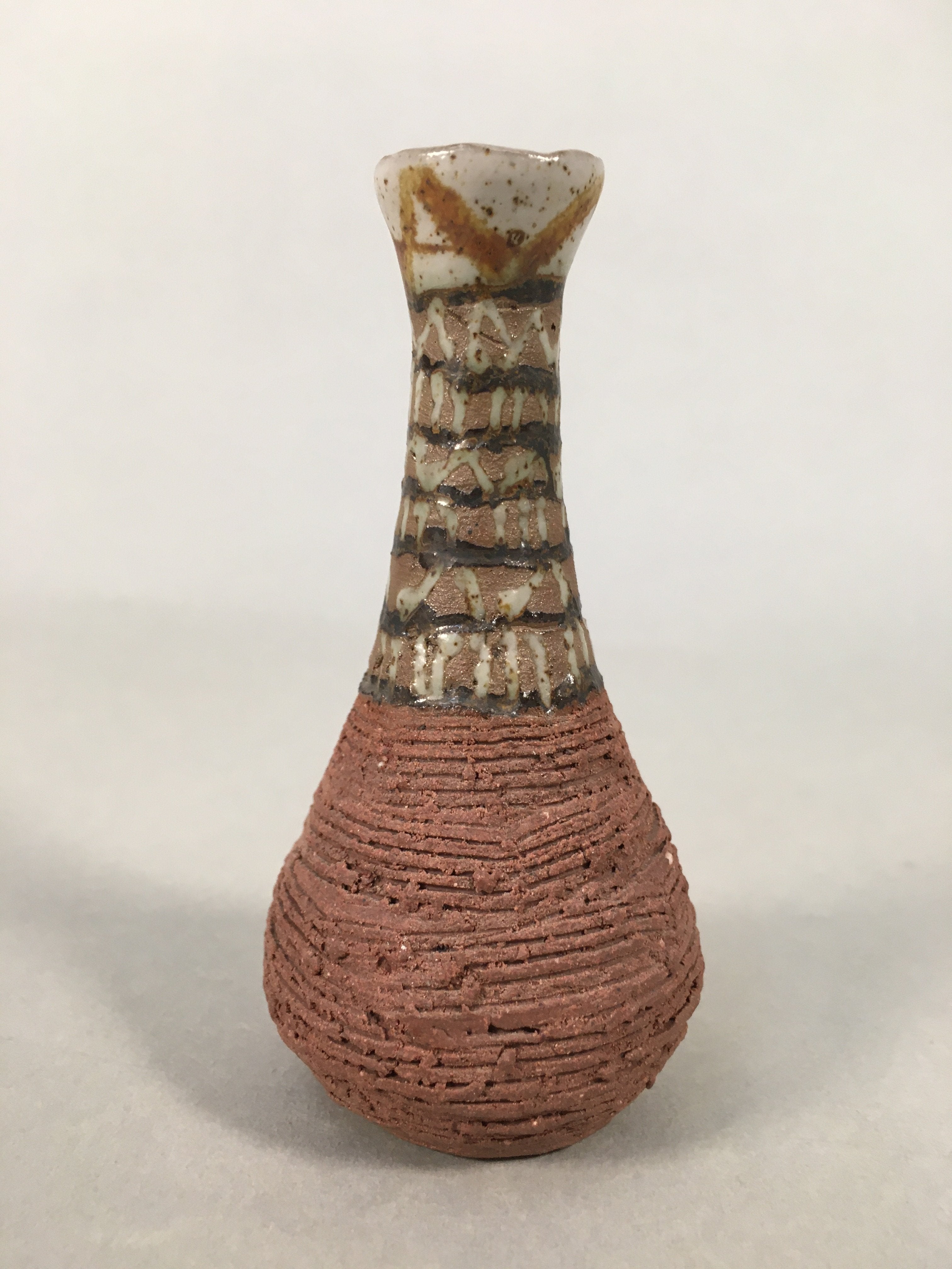 Japanese Ceramic Single Flower Vase Kabin Vtg Pottery Brown Long Neck MFV70