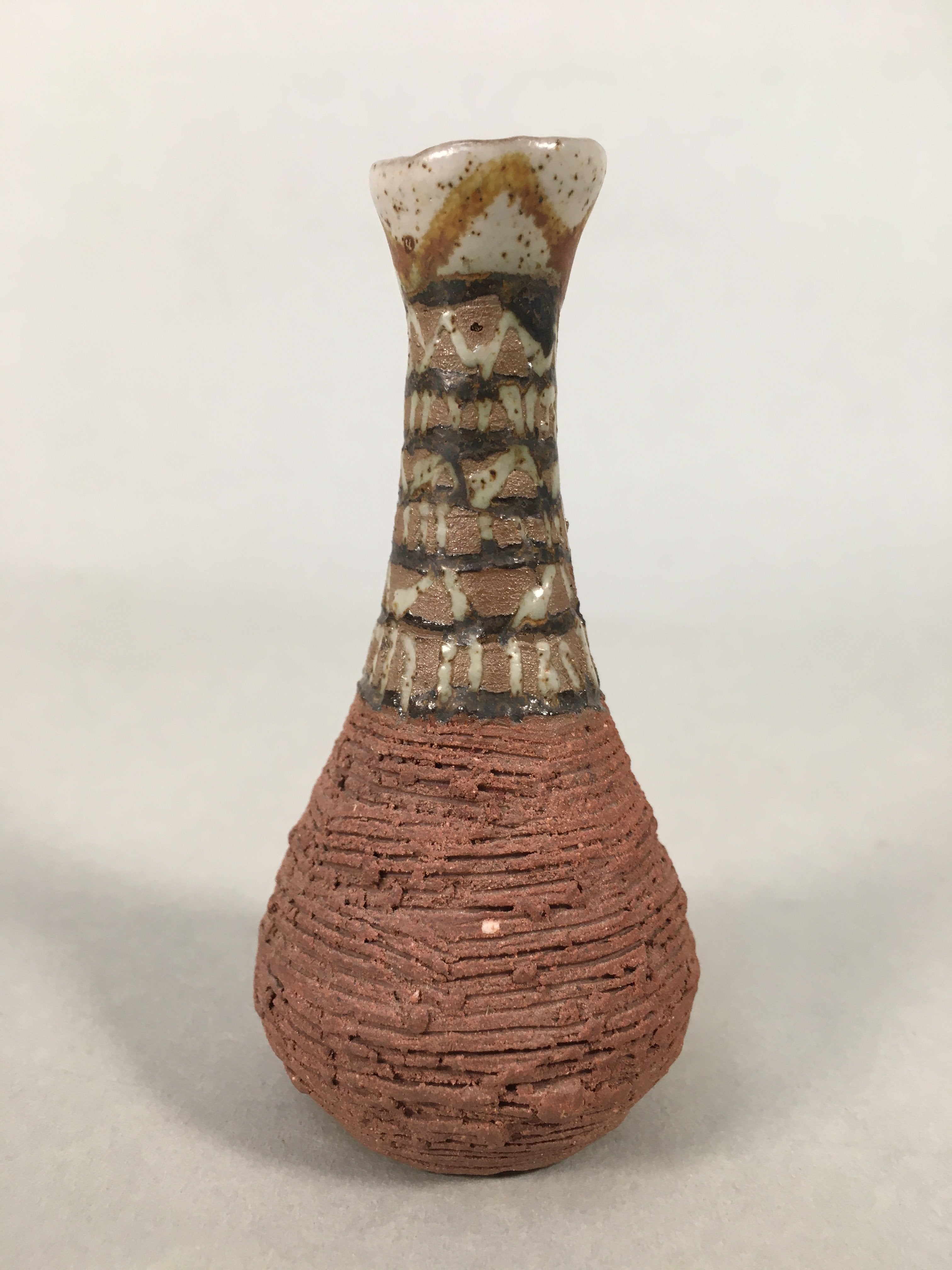 Japanese Ceramic Single Flower Vase Kabin Vtg Pottery Brown Long Neck MFV70