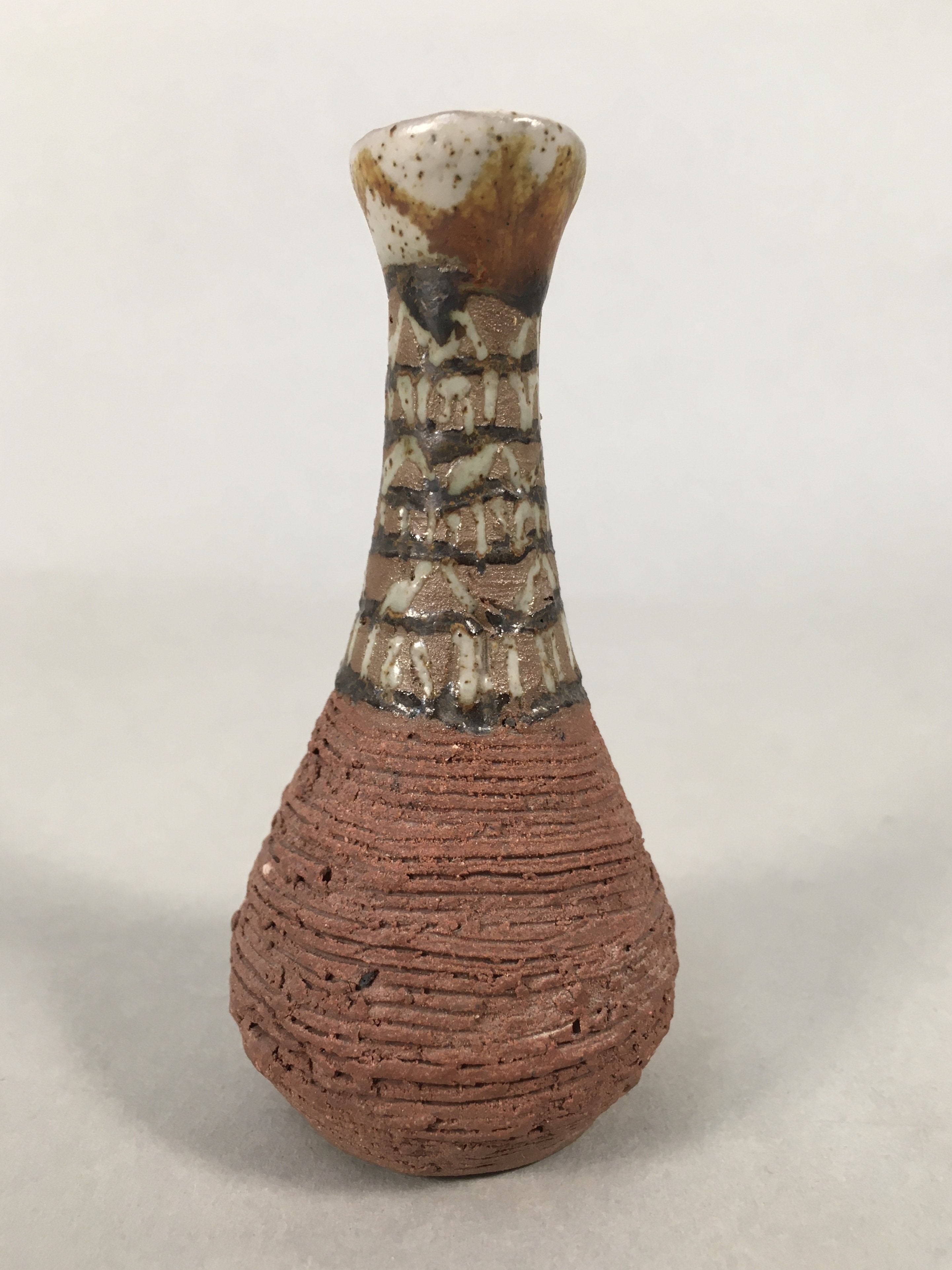 Japanese Ceramic Single Flower Vase Kabin Vtg Pottery Brown Long Neck MFV70
