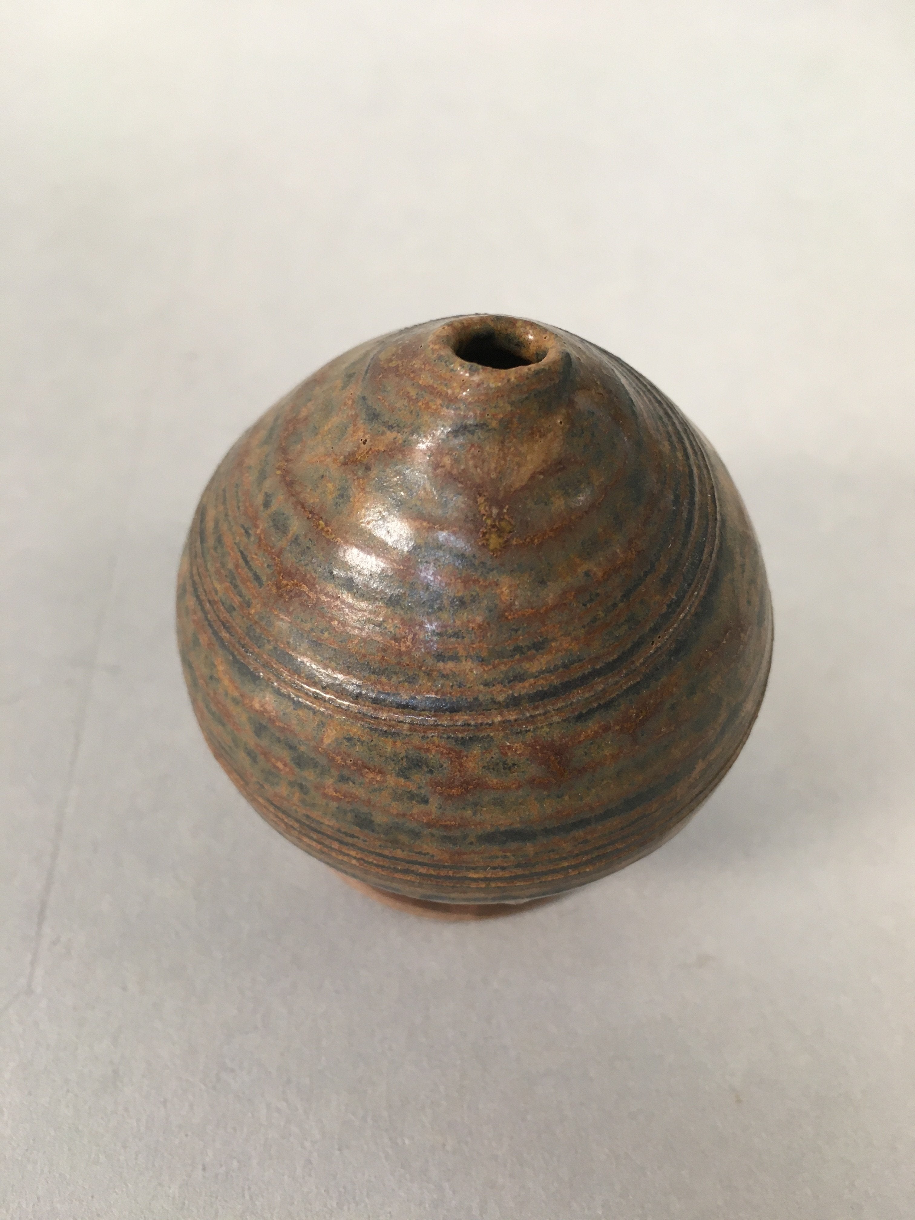 Japanese Ceramic Single Flower Vase Kabin Vtg Pottery Brown Round MFV73
