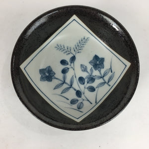 Japanese Ceramic Small Bowl Vtg Brown Pottery White Square Blue Flower PP640
