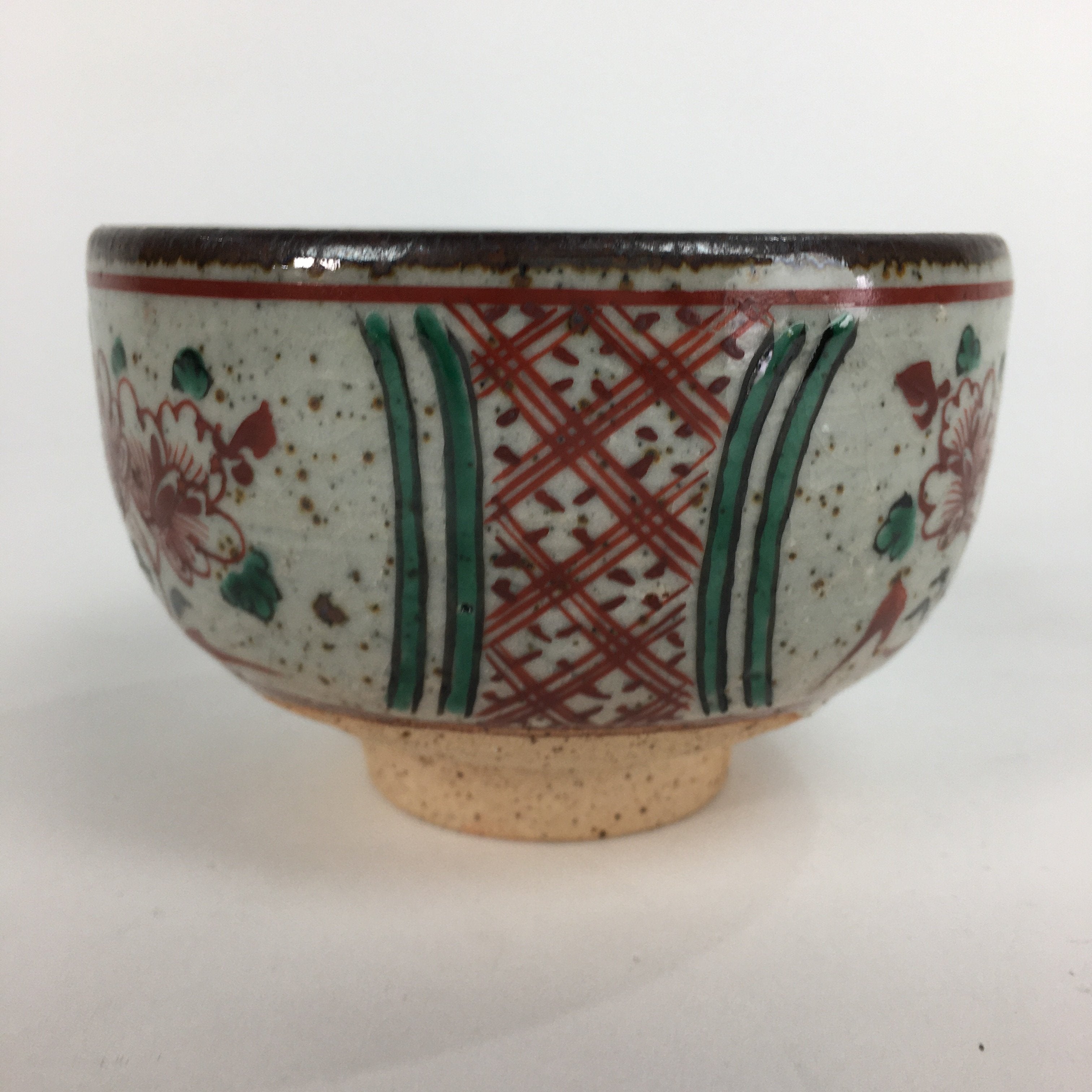 Japanese Ceramic Small Bowl Vtg Pottery Kobachi Gray Red Flower Pattern PP502