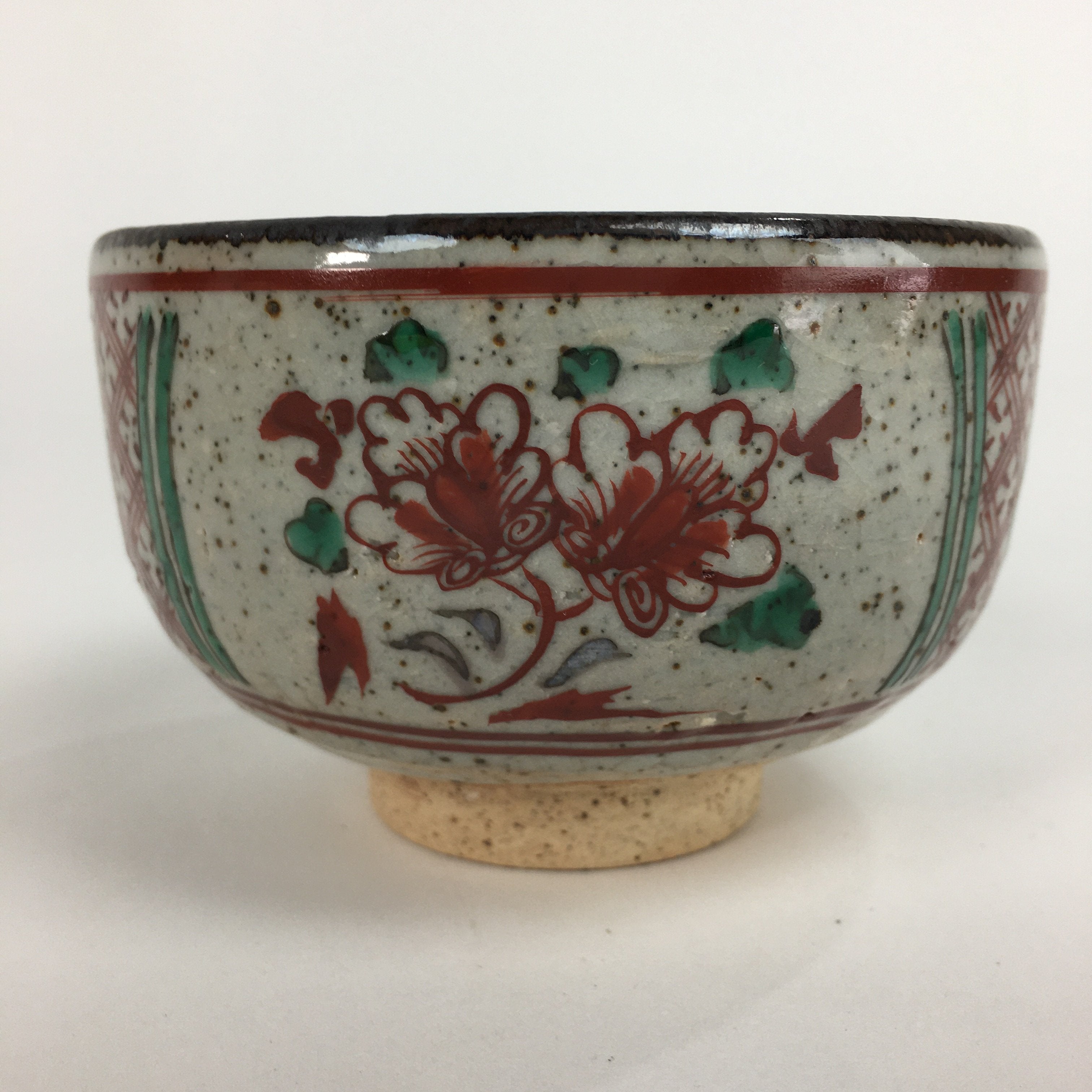 Japanese Ceramic Small Bowl Vtg Pottery Kobachi Gray Red Flower Pattern PP505