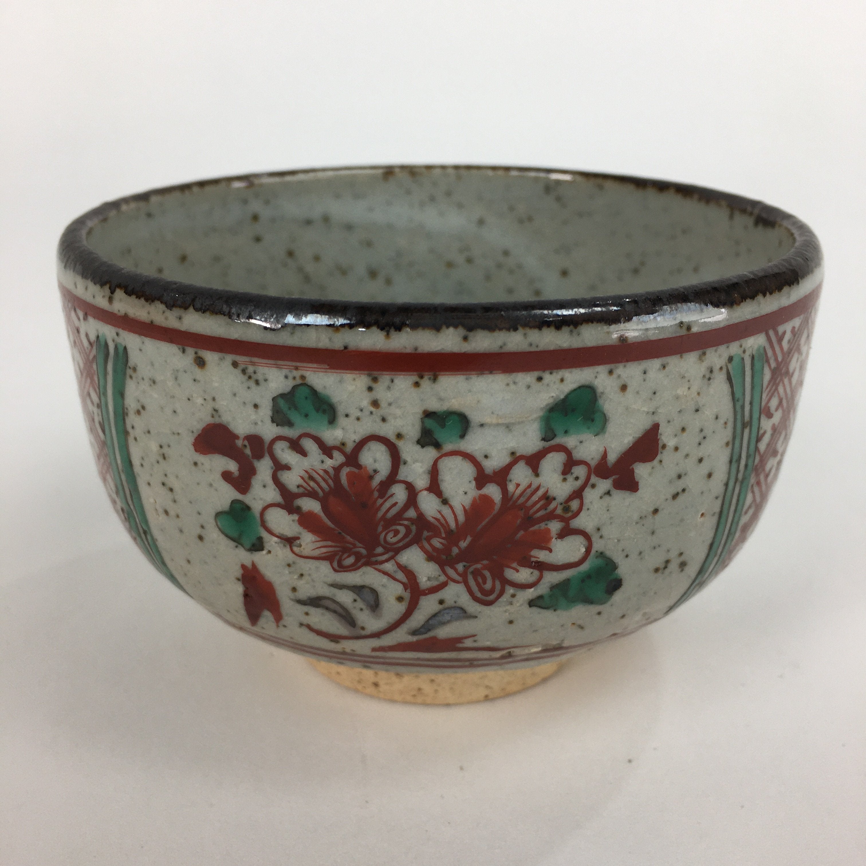 Japanese Ceramic Small Bowl Vtg Pottery Kobachi Gray Red Flower Pattern PP505