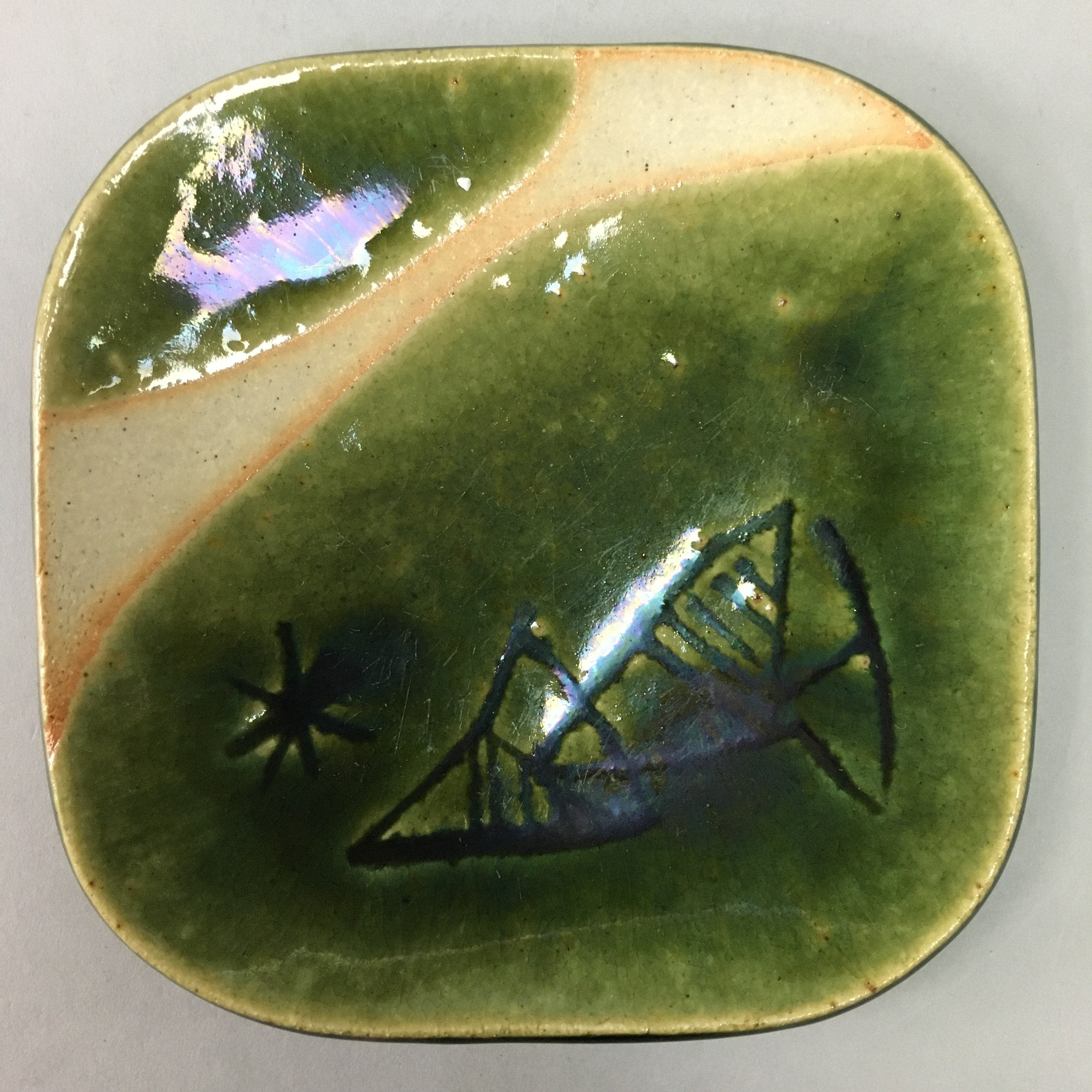 Japanese Ceramic Small Plate Kozara Oribe ware Vtg Square Pottery PP39