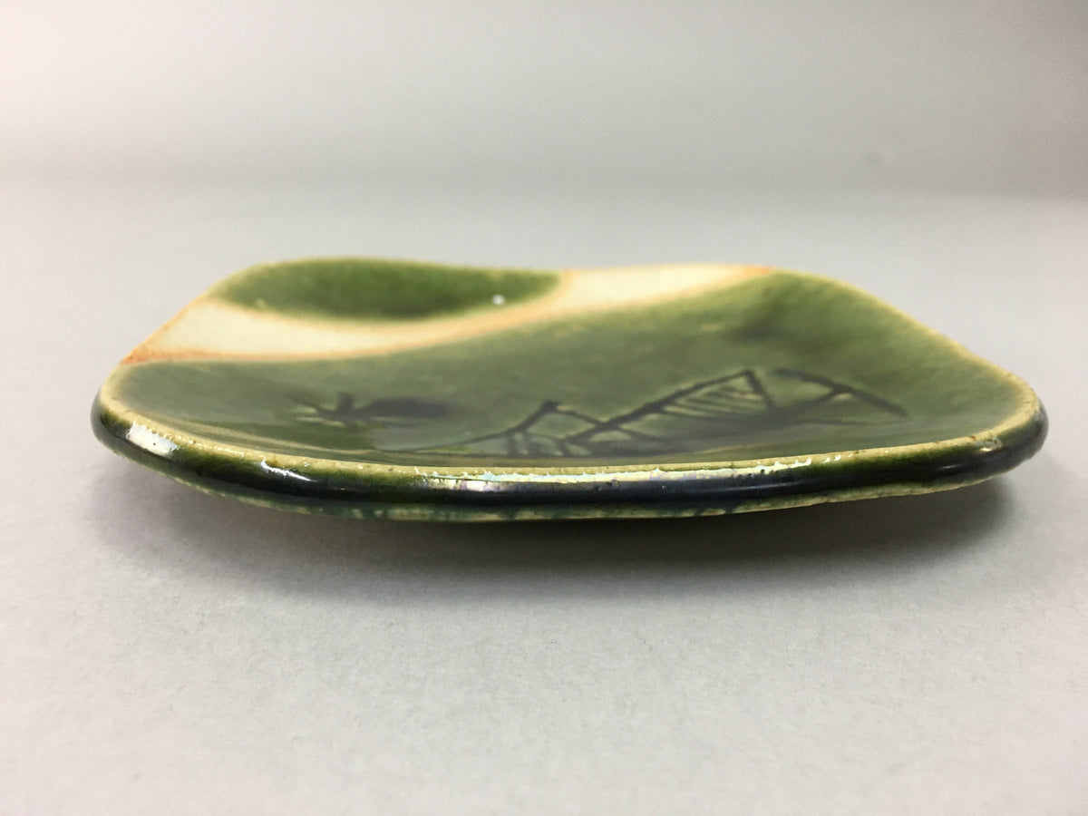 Japanese Ceramic Small Plate Kozara Oribe ware Vtg Square Pottery PP39
