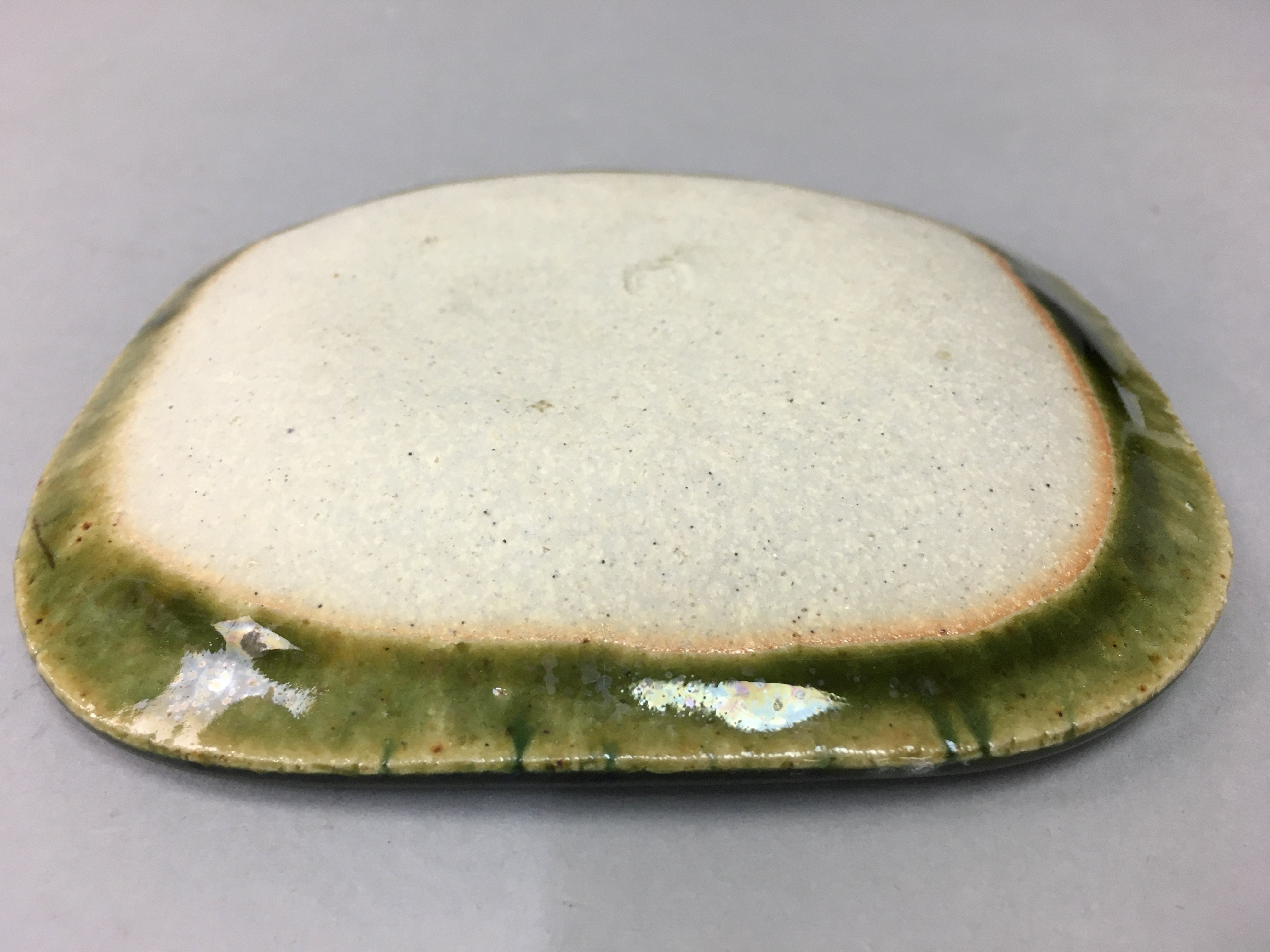 Japanese Ceramic Small Plate Kozara Oribe ware Vtg Square Pottery PP41