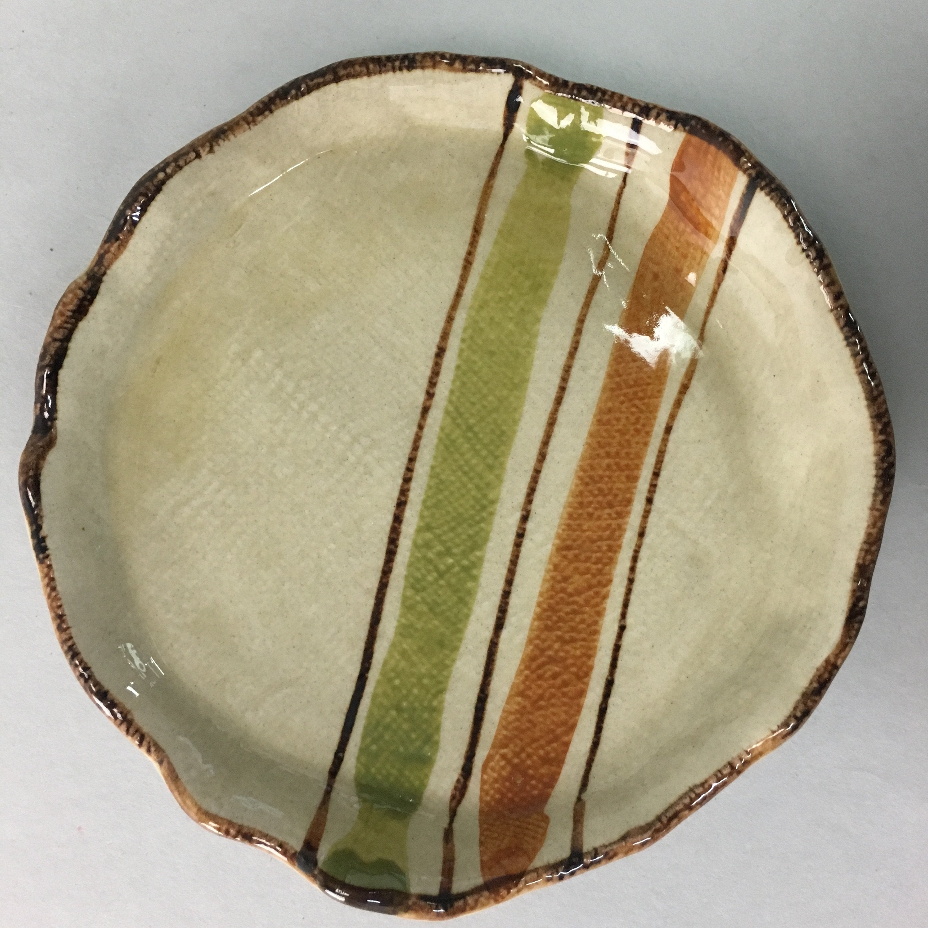 Japanese Ceramic Small Plate Kozara Vtg Round Pottery Orange Green Brown PT875