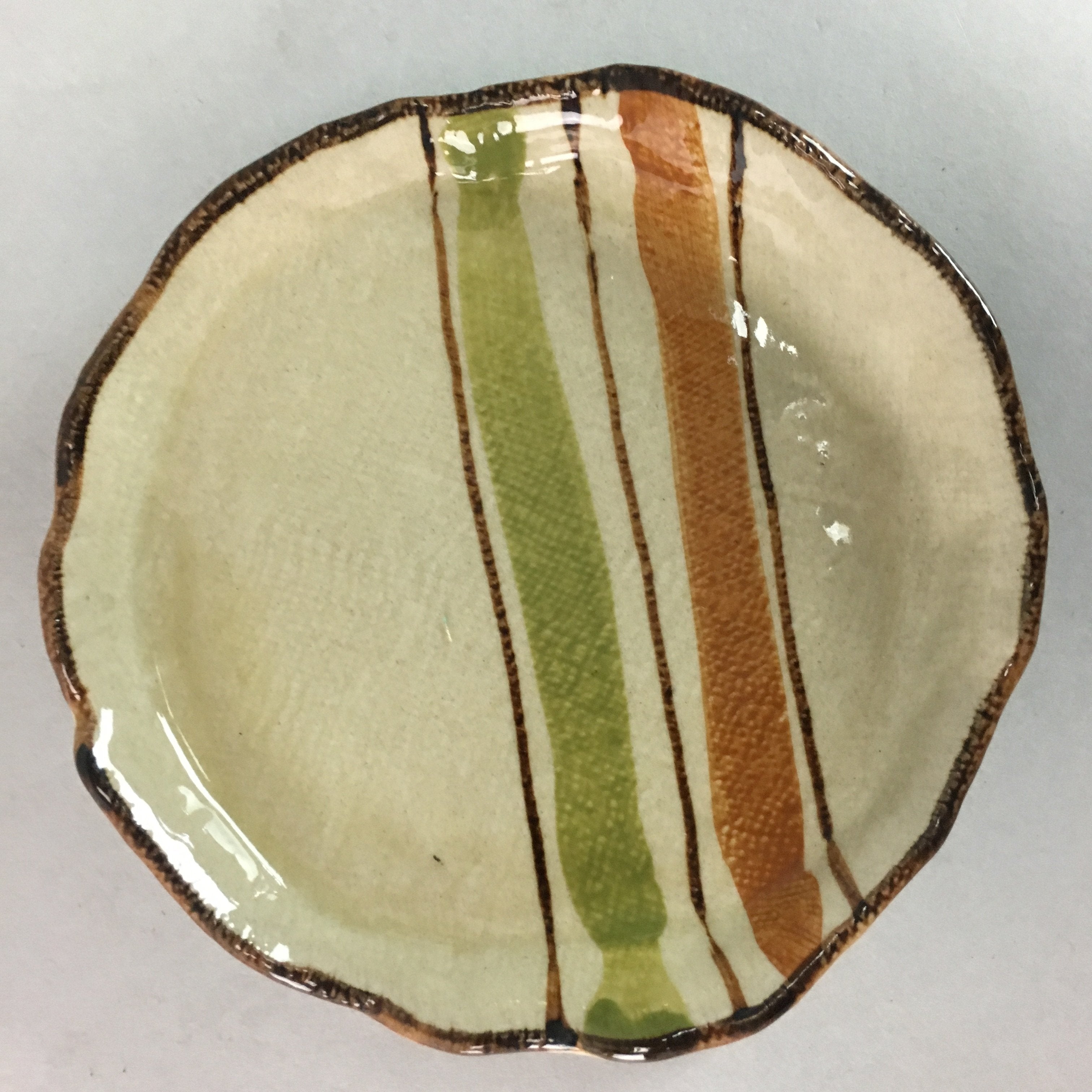 Japanese Ceramic Small Plate Kozara Vtg Round Pottery Orange Green Brown PT877