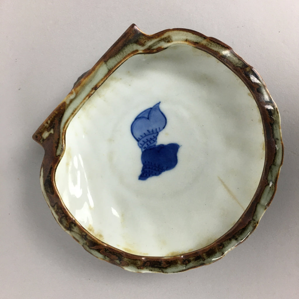 Japanese Ceramic Small Plate Kozara Vtg Shell Shape Pottery White Brown PP462