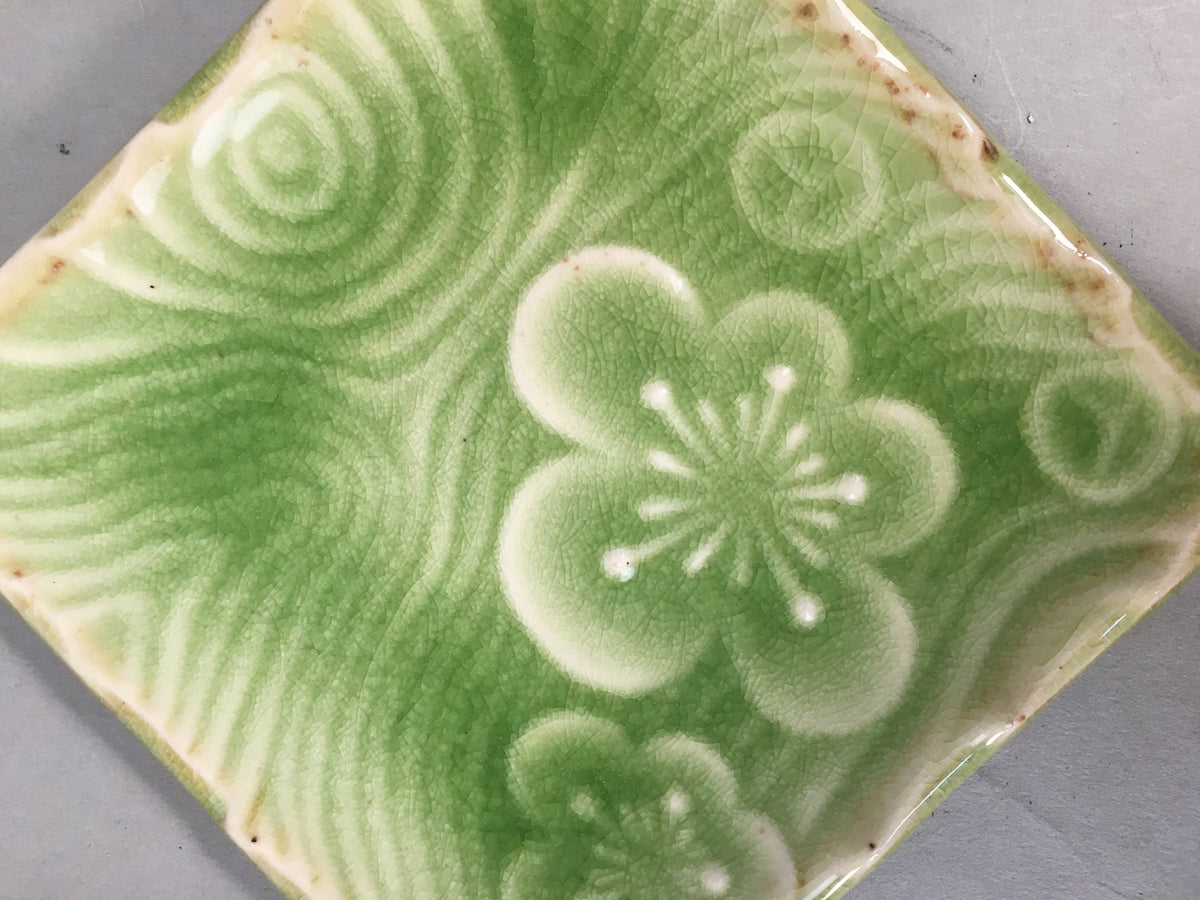 Japanese Ceramic Small Plate Kozara Vtg Square Green Plum Blossom Pottery PP438