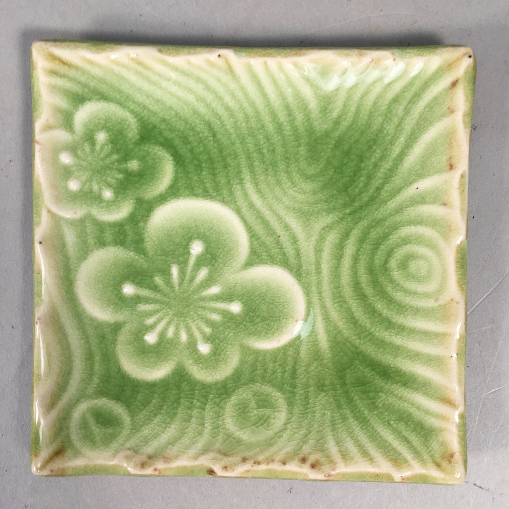 Japanese Ceramic Small Plate Kozara Vtg Square Green Plum Blossom Pottery PP438