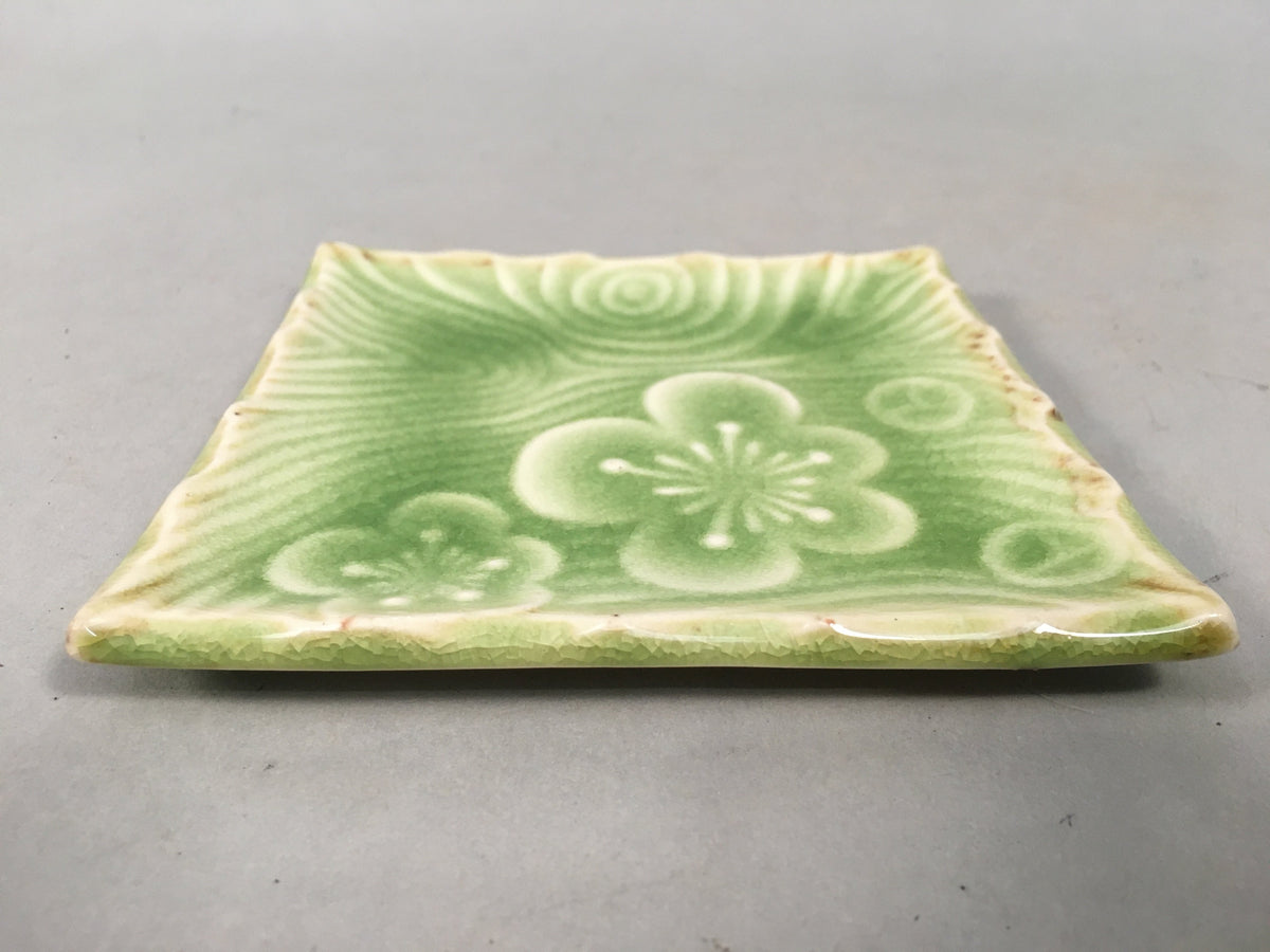 Japanese Ceramic Small Plate Kozara Vtg Square Green Plum Blossom Pottery PP438