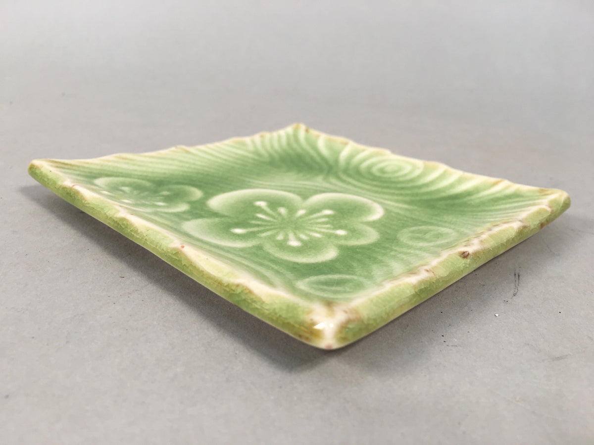 Japanese Ceramic Small Plate Kozara Vtg Square Green Plum Blossom Pottery PP438