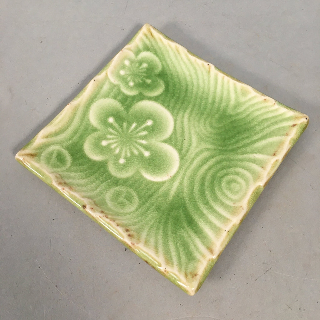 Japanese Ceramic Small Plate Kozara Vtg Square Green Plum Blossom Pottery PP438