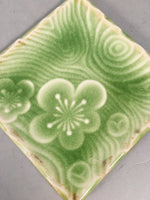 Japanese Ceramic Small Plate Kozara Vtg Square Green Plum Blossom Pottery PP439