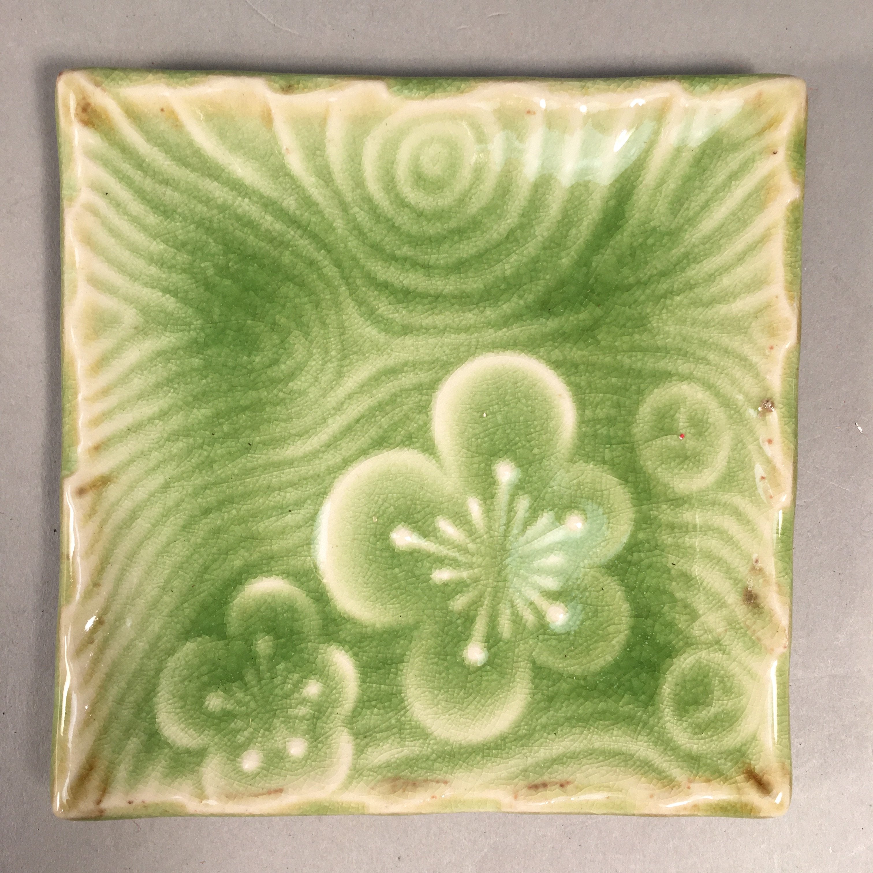 Japanese Ceramic Small Plate Kozara Vtg Square Green Plum Blossom