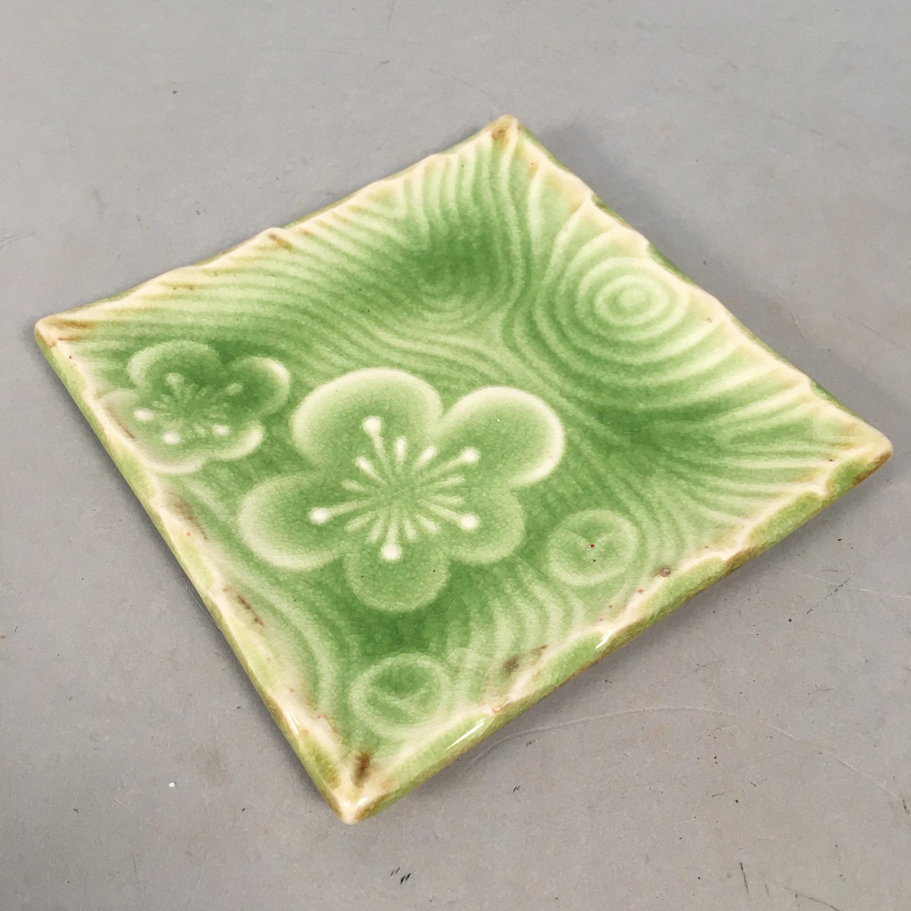 Japanese Ceramic Small Plate Kozara Vtg Square Green Plum Blossom
