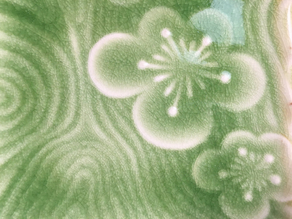 Japanese Ceramic Small Plate Kozara Vtg Square Green Plum Blossom Pottery PP441