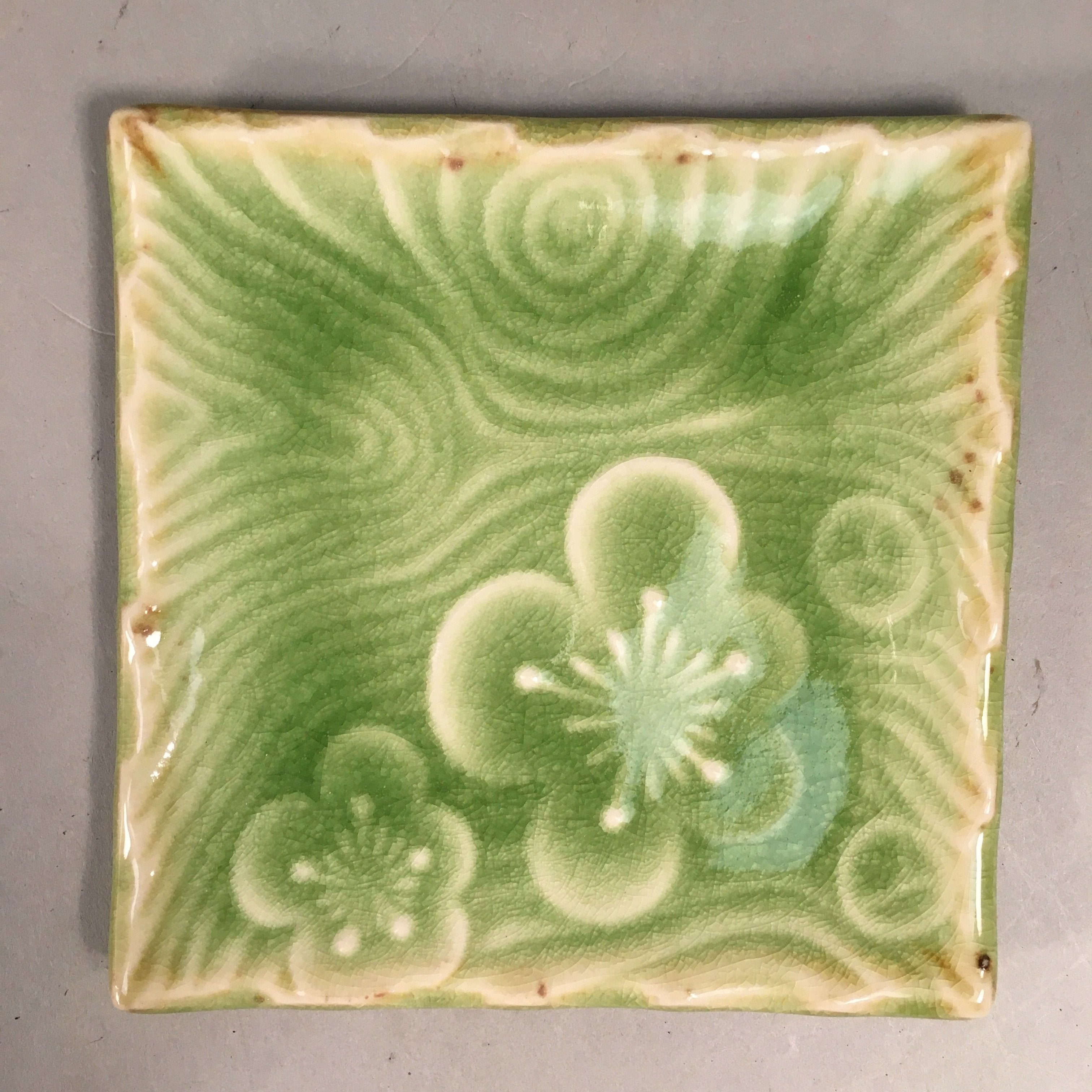 Japanese Ceramic Small Plate Kozara Vtg Square Green Plum Blossom Pottery PP441