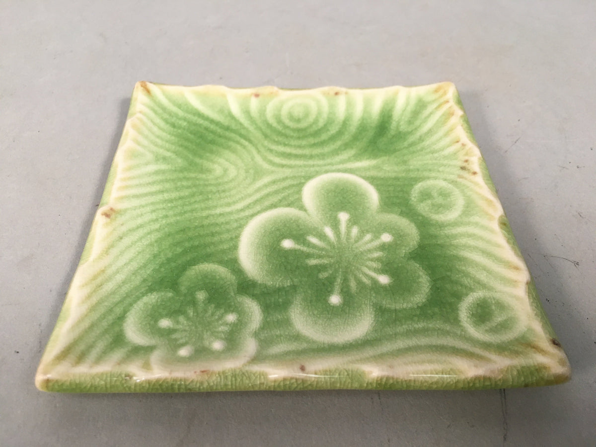 Japanese Ceramic Small Plate Kozara Vtg Square Green Plum Blossom Pottery PP441