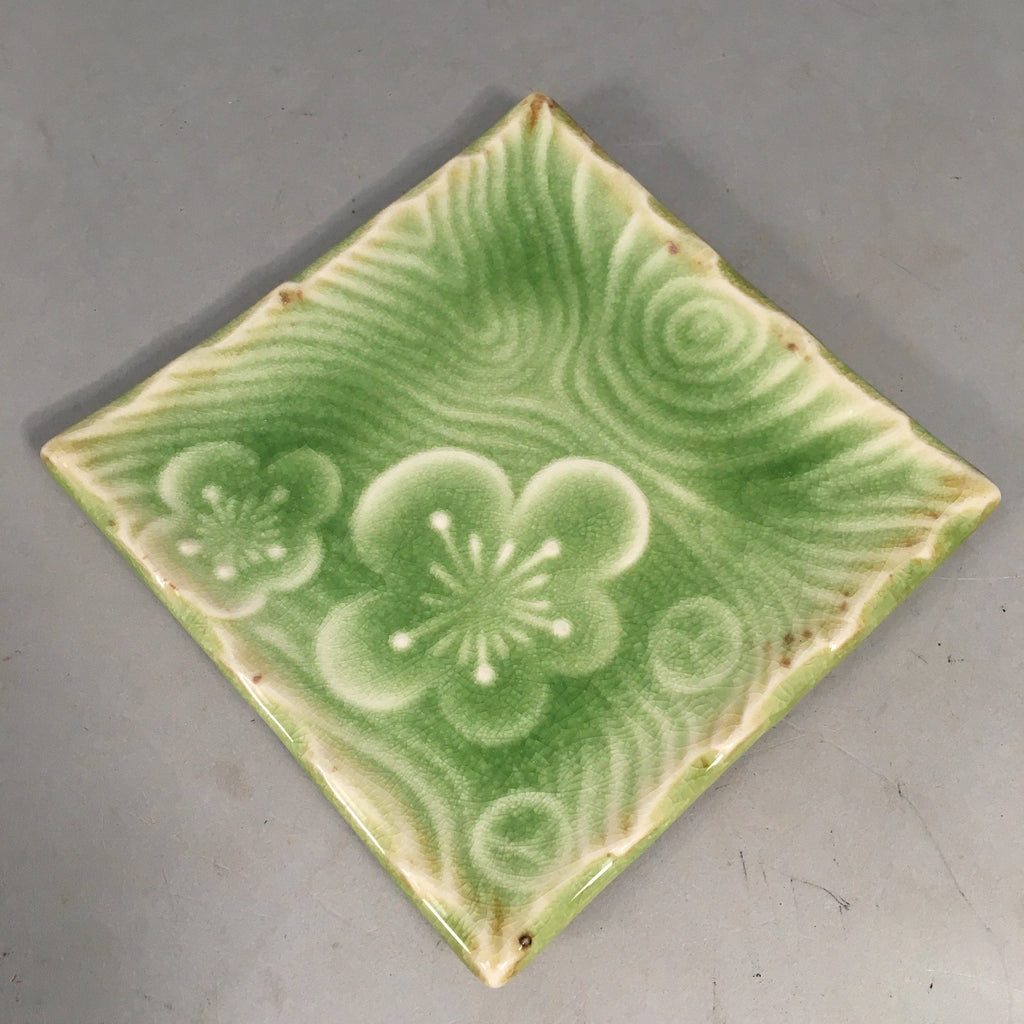 Japanese Ceramic Small Plate Kozara Vtg Square Green Plum Blossom Pottery PP441