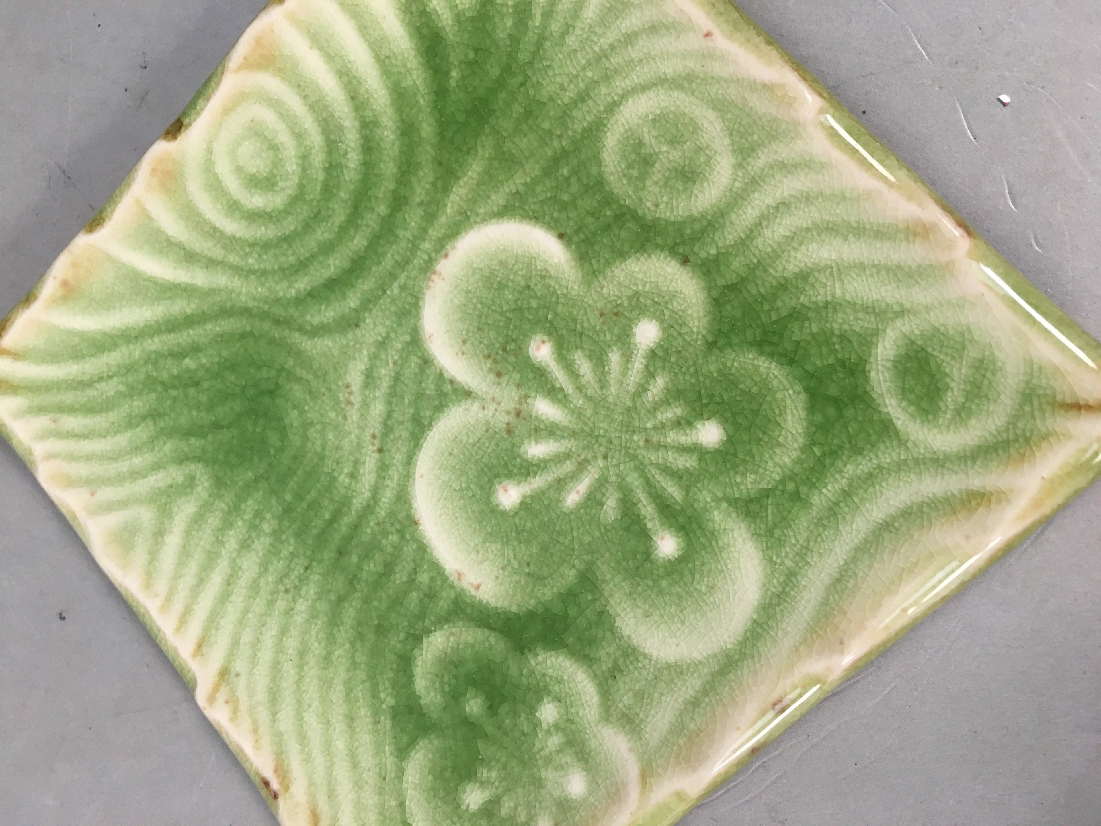Japanese Ceramic Small Plate Kozara Vtg Square Green Plum Blossom Pottery PP442