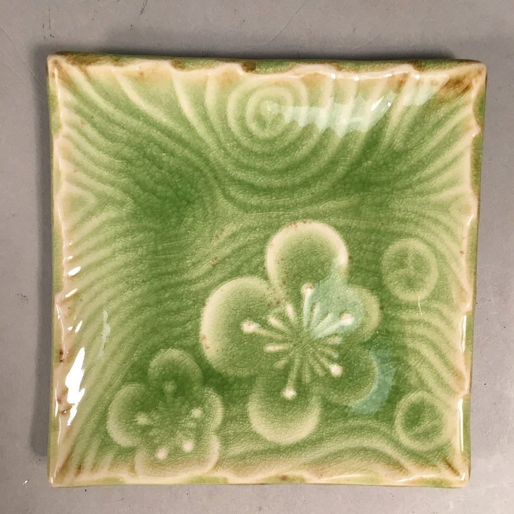 Japanese Ceramic Small Plate Kozara Vtg Square Green Plum Blossom Pottery PP442
