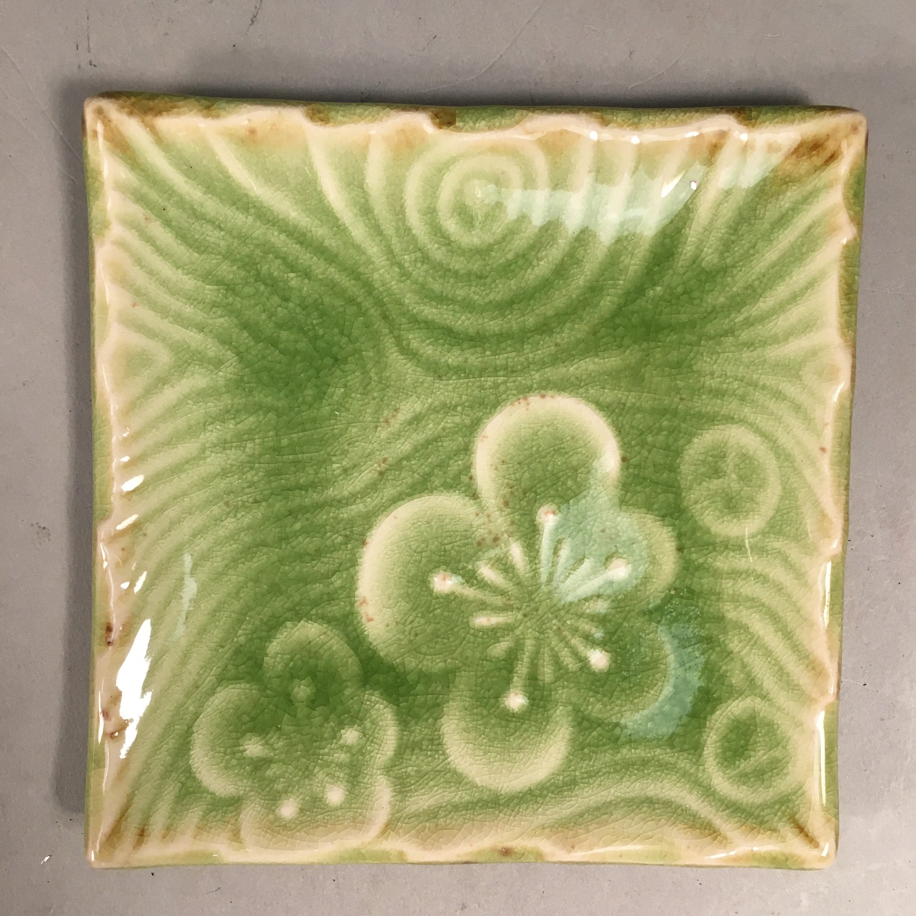 Japanese Ceramic Small Plate Kozara Vtg Square Green Plum Blossom Pottery PP442