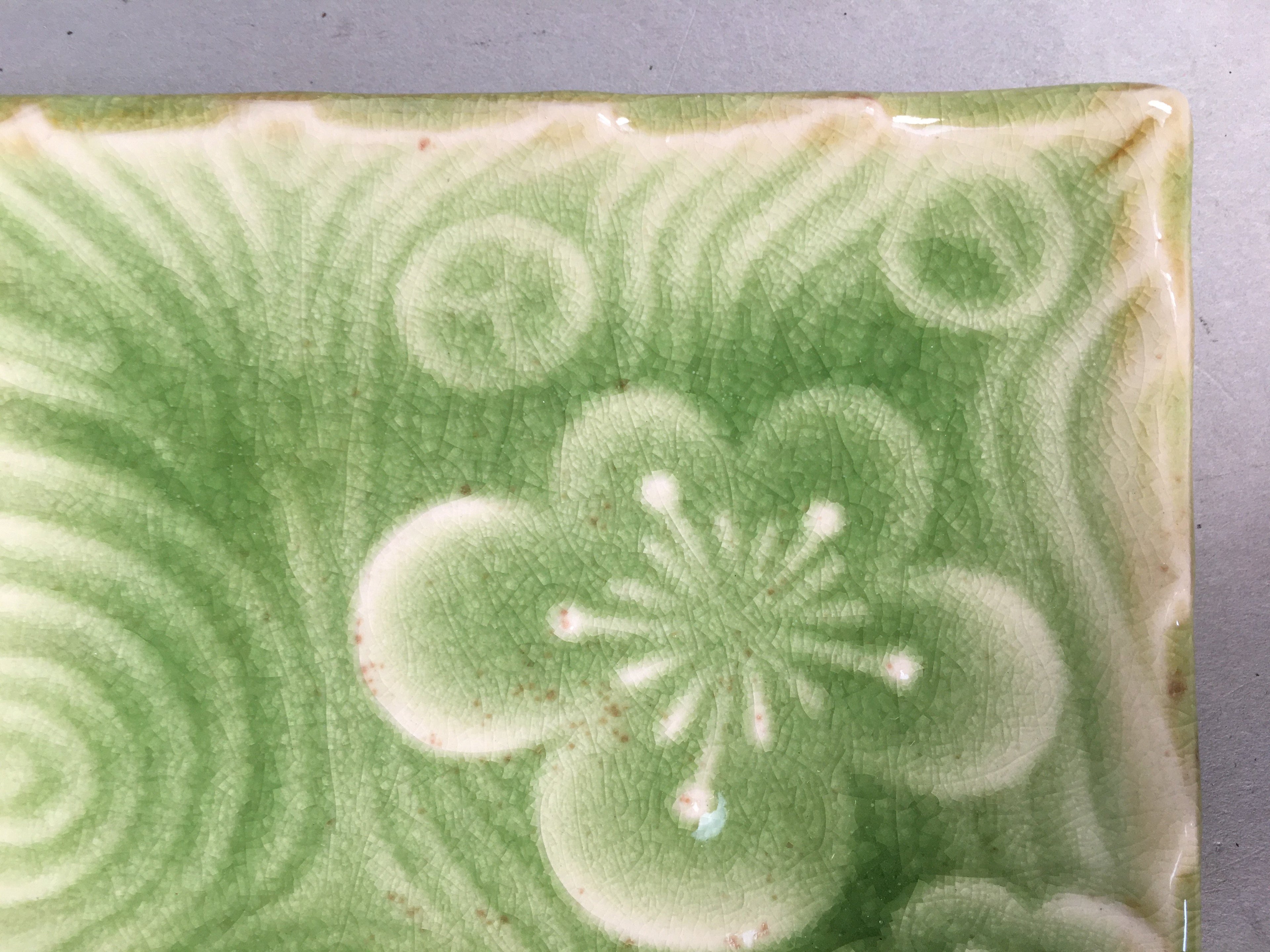Japanese Ceramic Small Plate Kozara Vtg Square Green Plum Blossom Pottery PP442