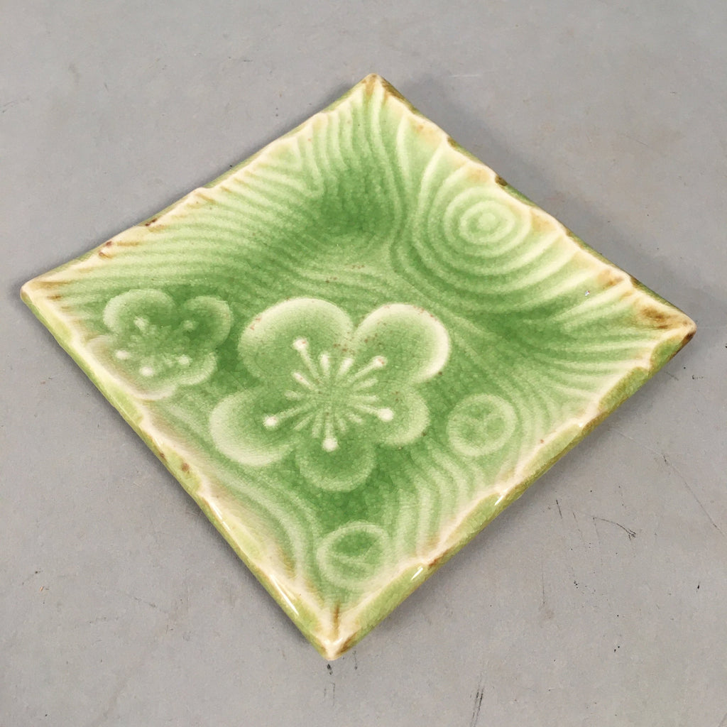 Japanese Ceramic Small Plate Kozara Vtg Square Green Plum Blossom Pottery PP442