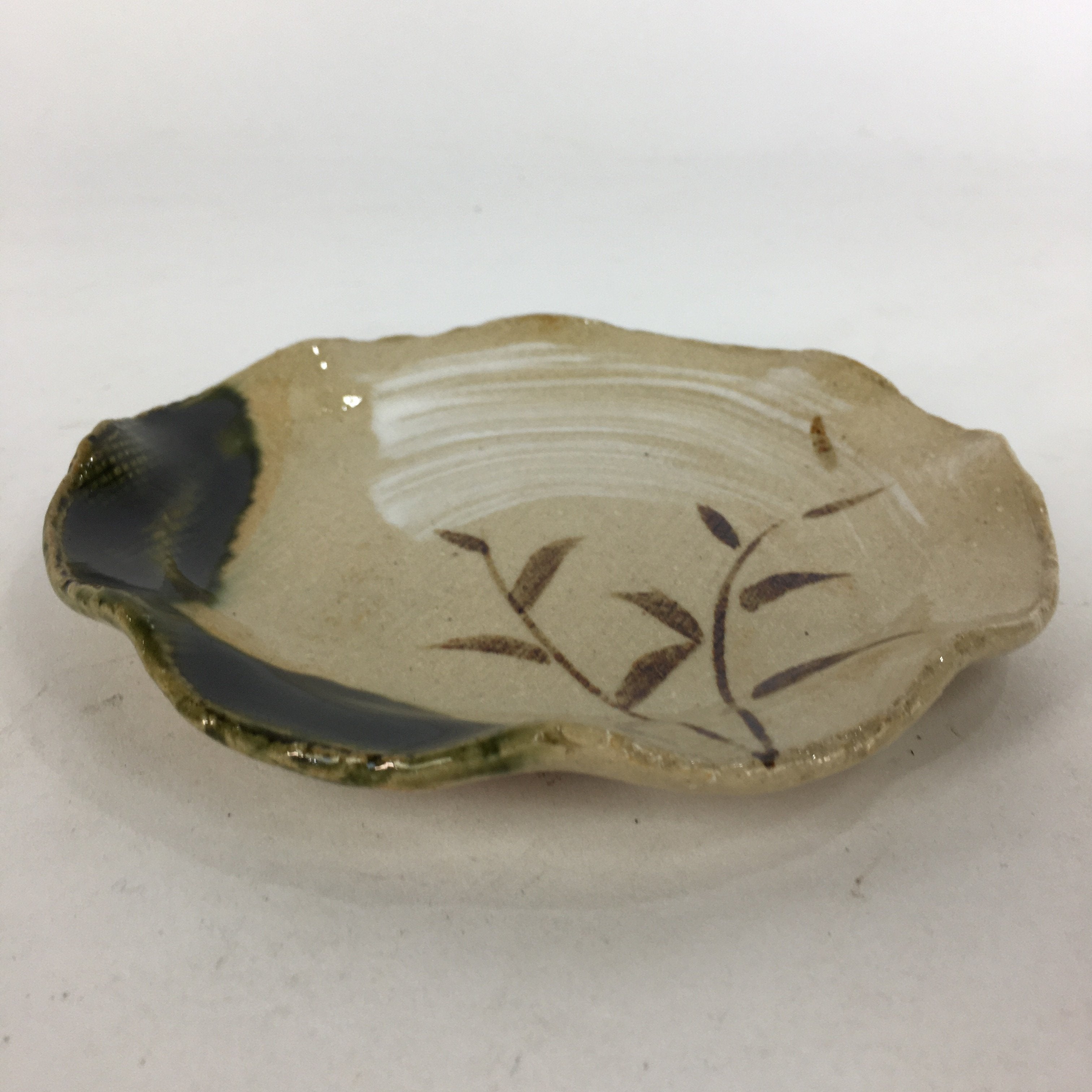 Japanese Ceramic Small Plate Oribe ware Kozara Vtg Round Pottery Bamboo PP621