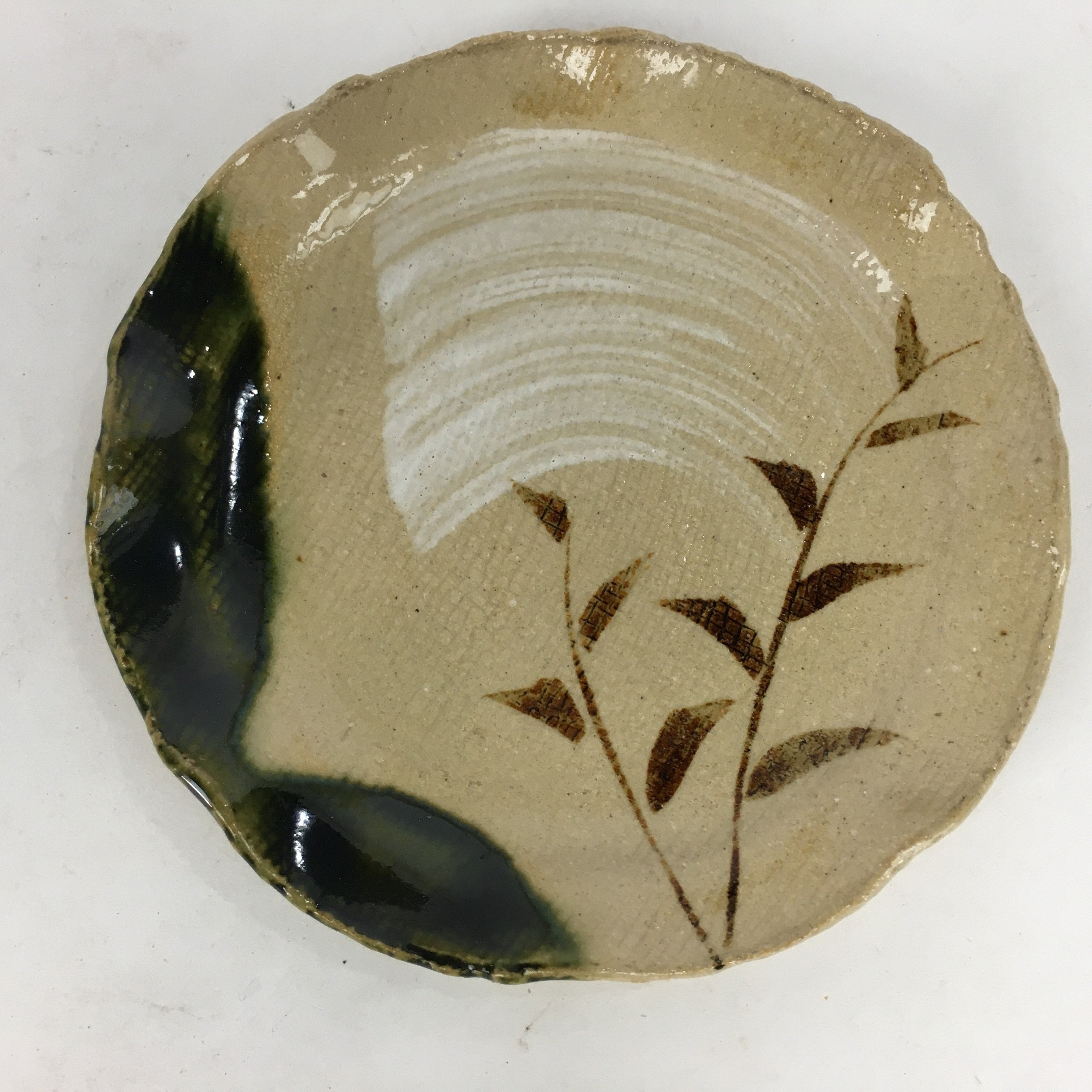 Japanese Ceramic Small Plate Oribe ware Kozara Vtg Round Pottery Bamboo PP622