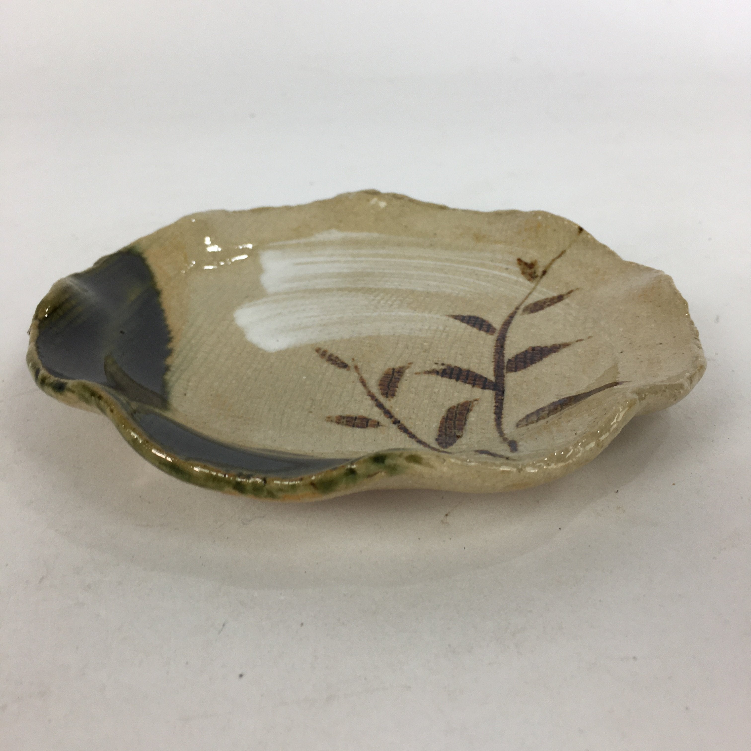 Japanese Ceramic Small Plate Oribe ware Kozara Vtg Round Pottery Bamboo PP623