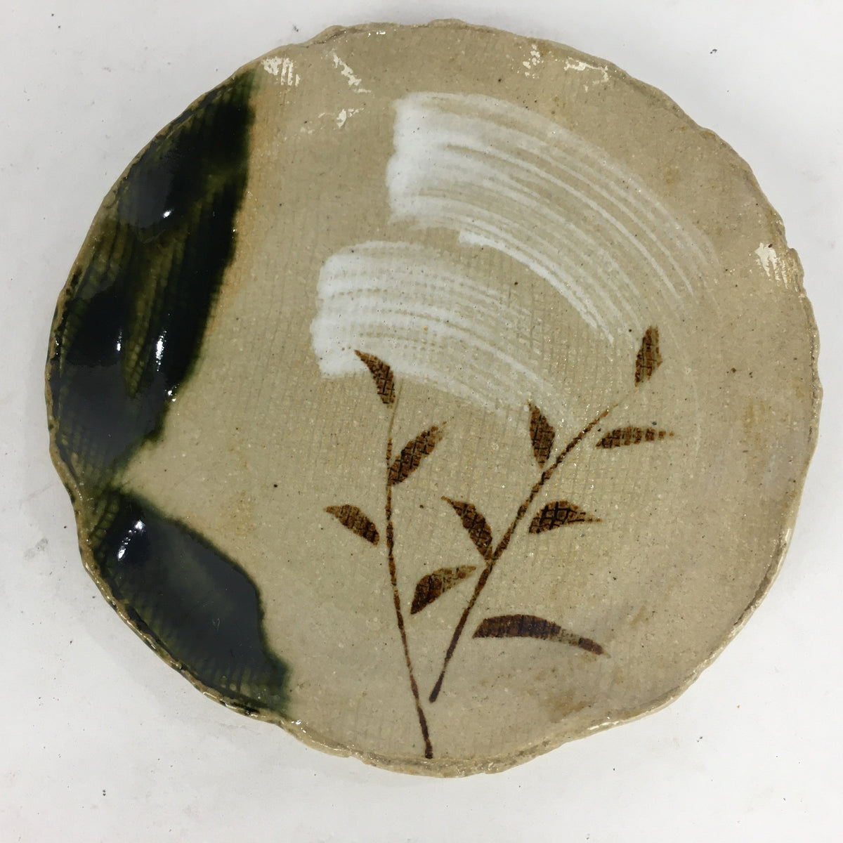 Japanese Ceramic Small Plate Oribe ware Kozara Vtg Round Pottery Bamboo PP625