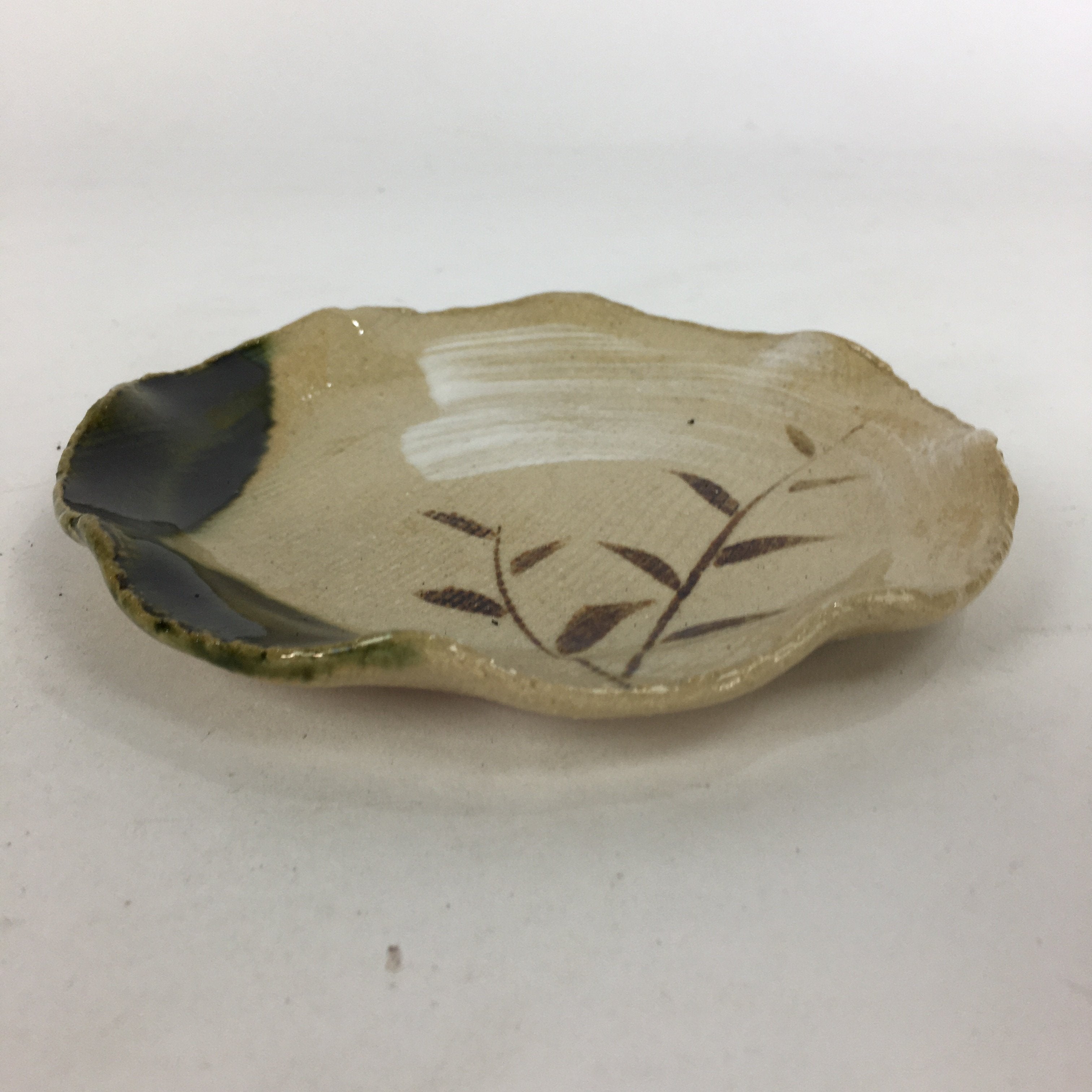 Japanese Ceramic Small Plate Oribe ware Kozara Vtg Round Pottery Bamboo PP626