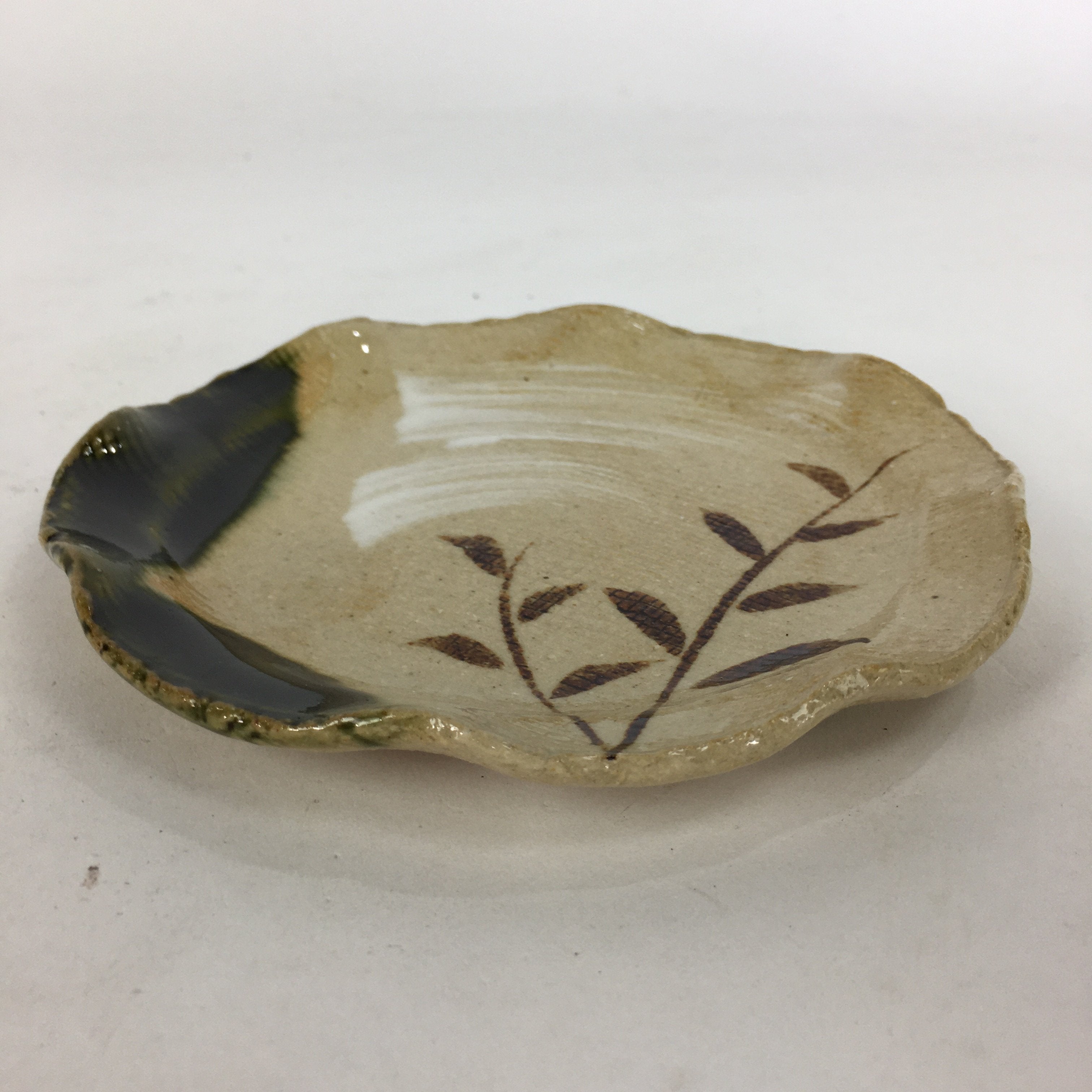 Japanese Ceramic Small Plate Oribe ware Kozara Vtg Round Pottery Bamboo PP627