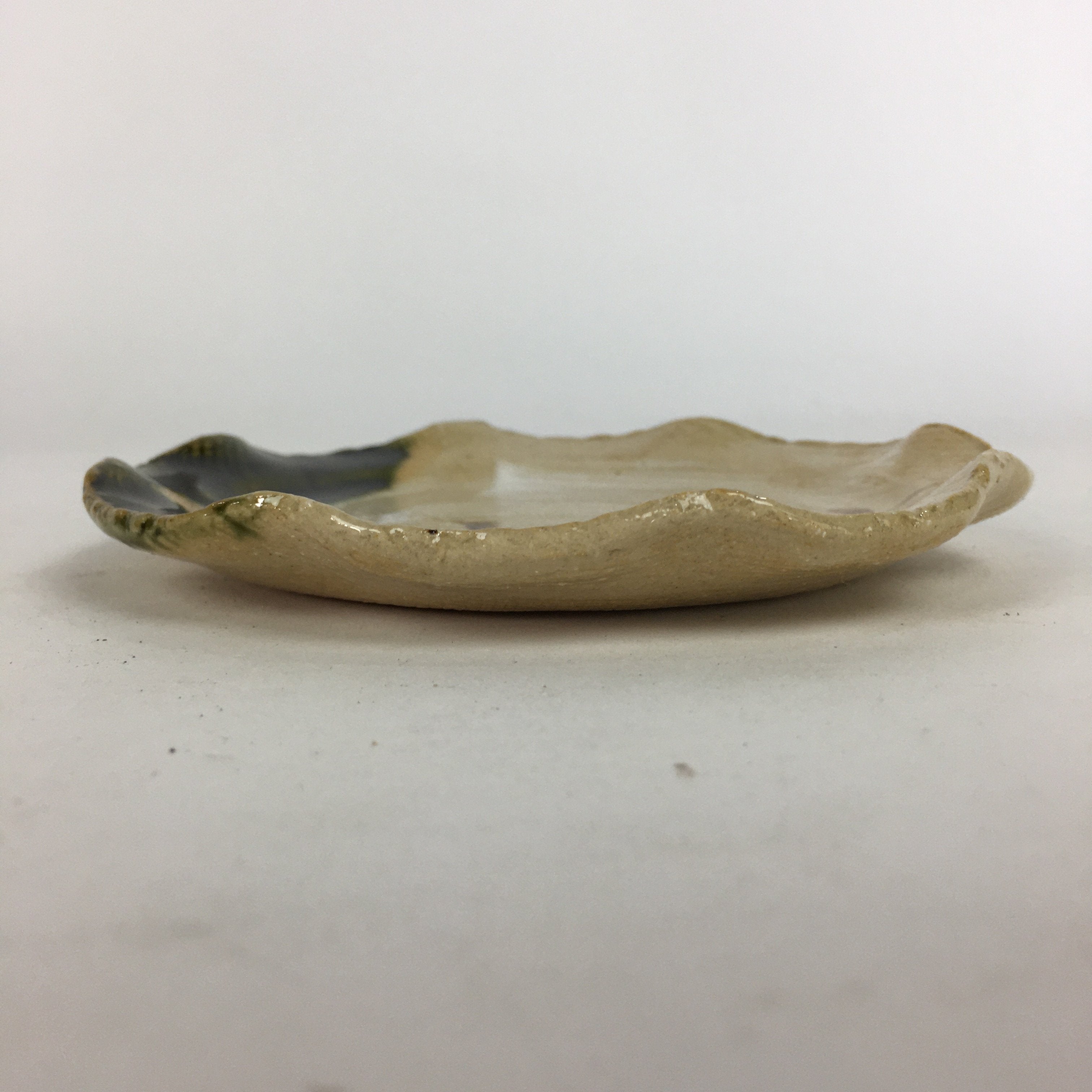 Japanese Ceramic Small Plate Oribe ware Kozara Vtg Round Pottery Bamboo PP627