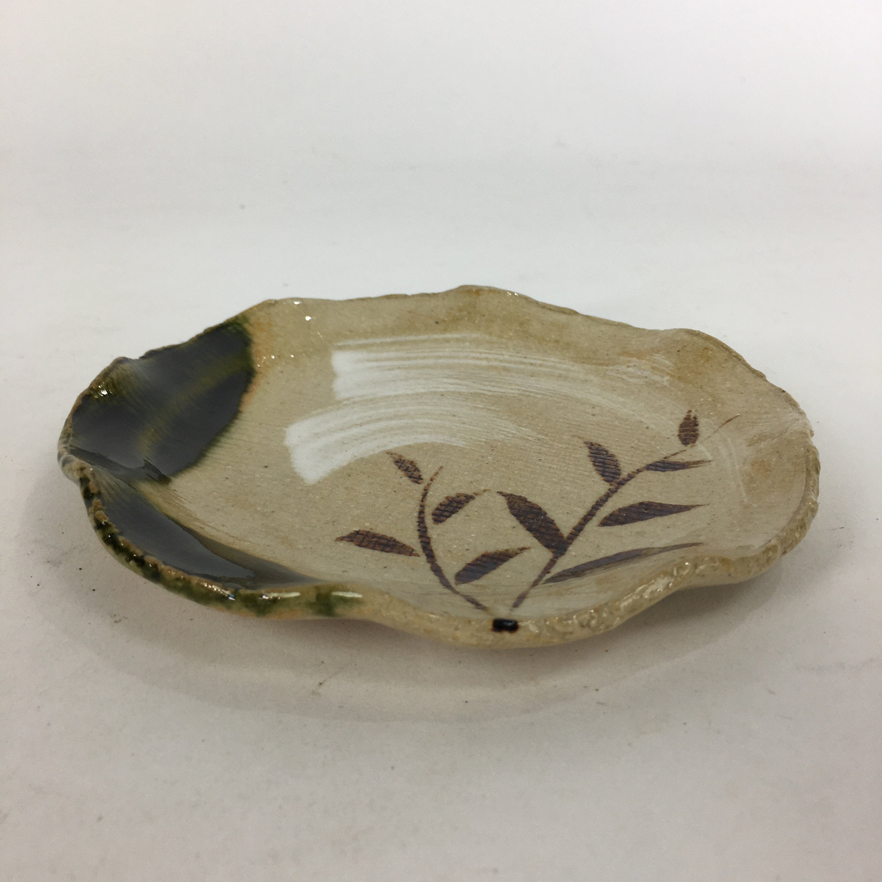 Japanese Ceramic Small Plate Oribe ware Kozara Vtg Round Pottery Bamboo PP628