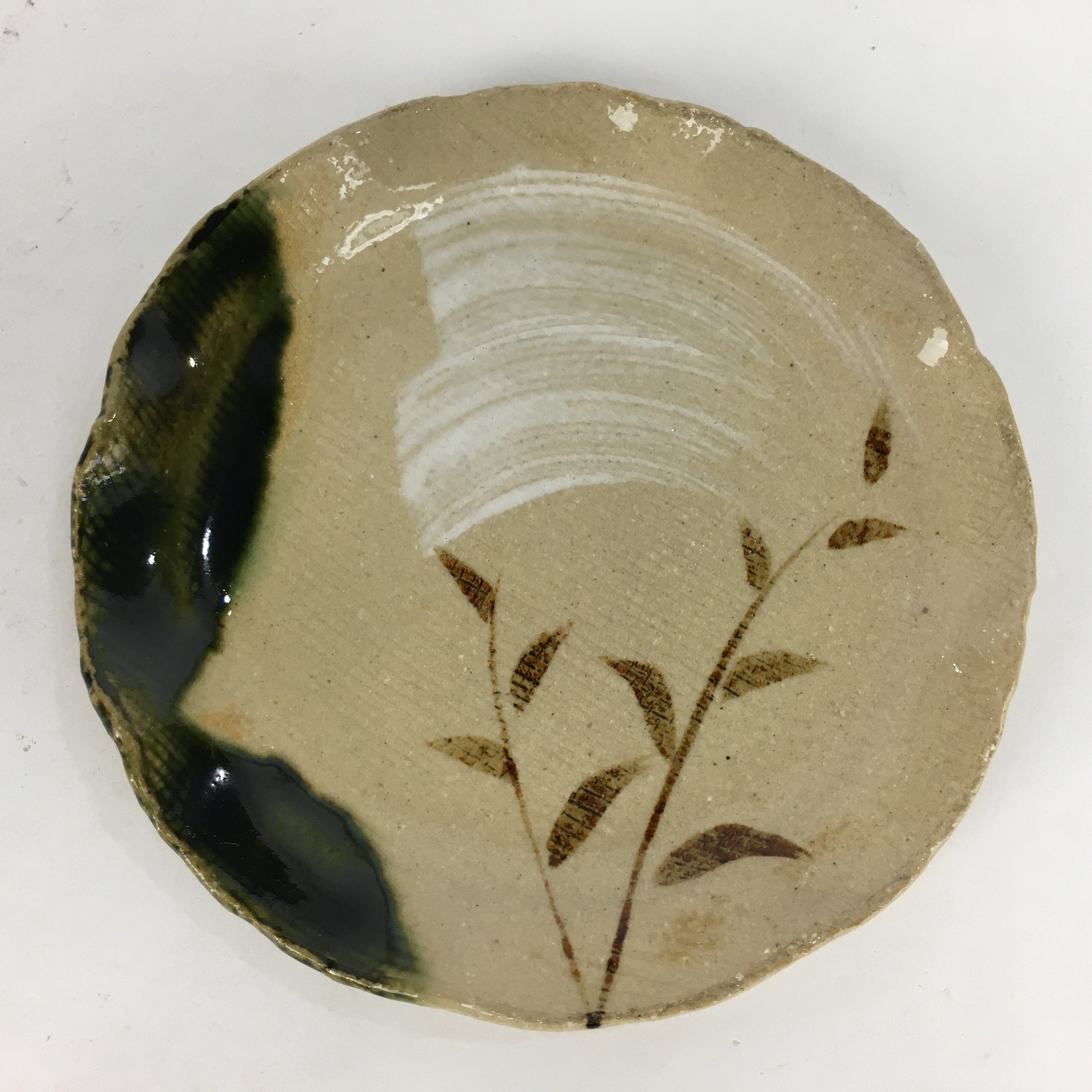 Japanese Ceramic Small Plate Oribe ware Kozara Vtg Round Pottery Bamboo PP629