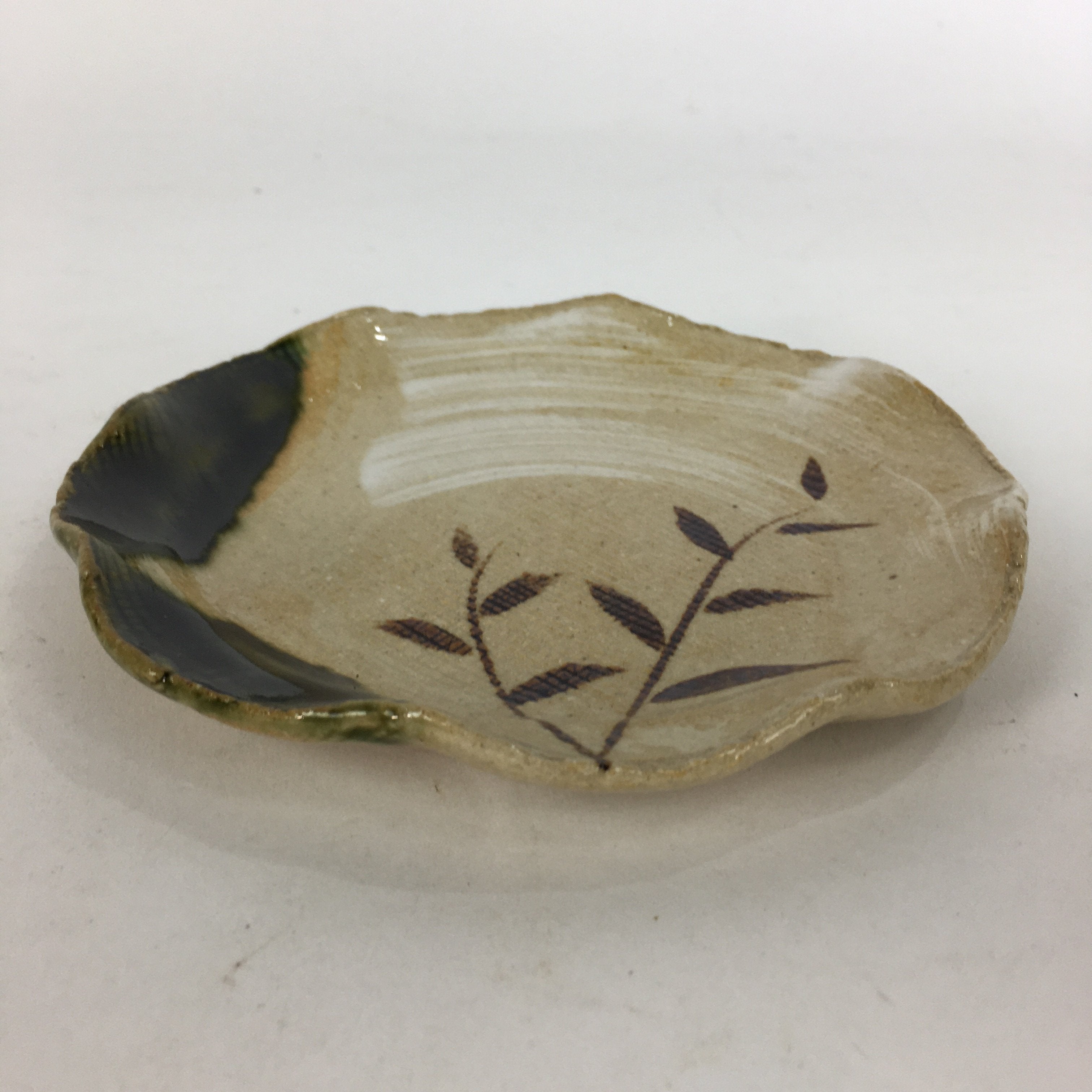 Japanese Ceramic Small Plate Oribe ware Kozara Vtg Round Pottery Bamboo PP630