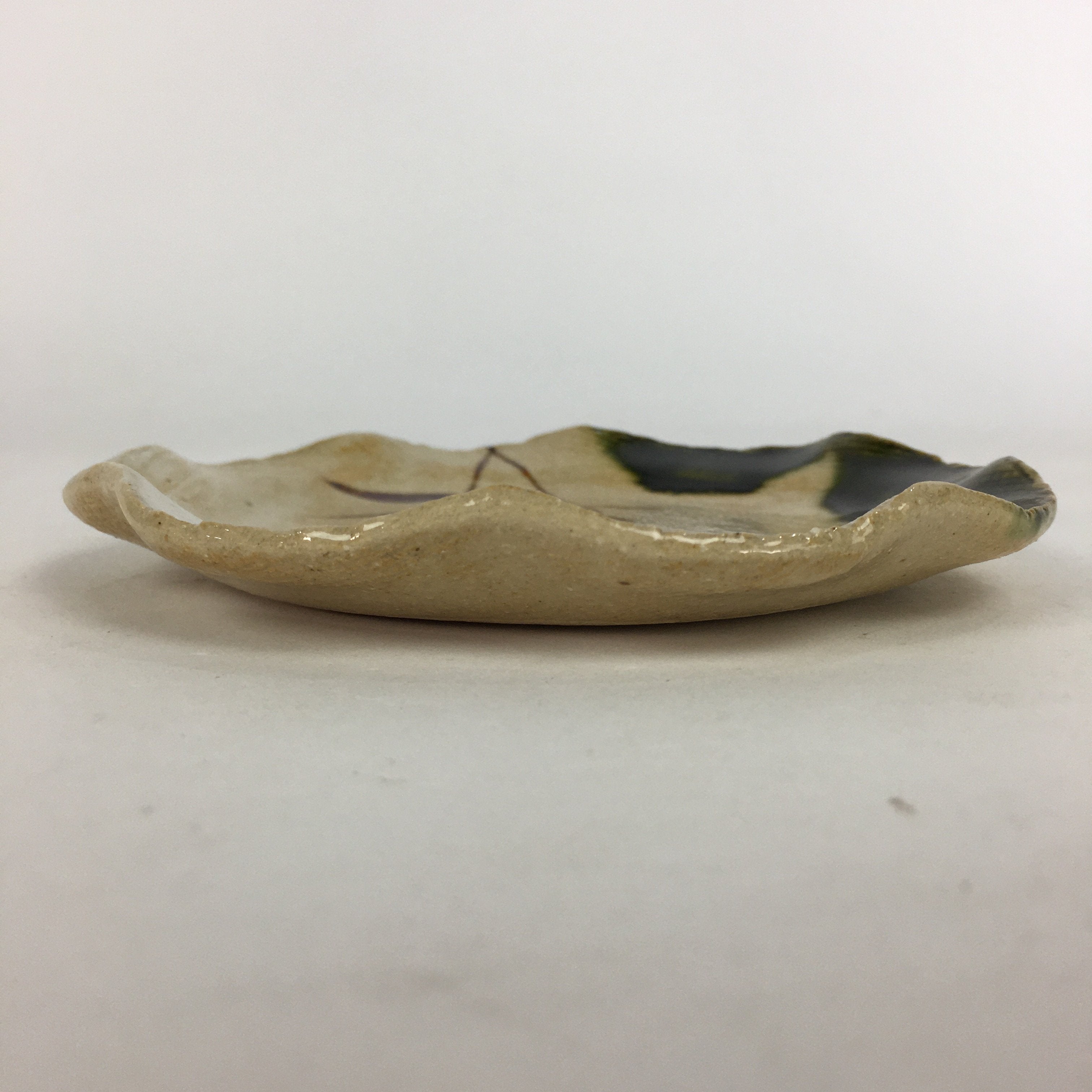 Japanese Ceramic Small Plate Oribe ware Kozara Vtg Round Pottery Bamboo PP630