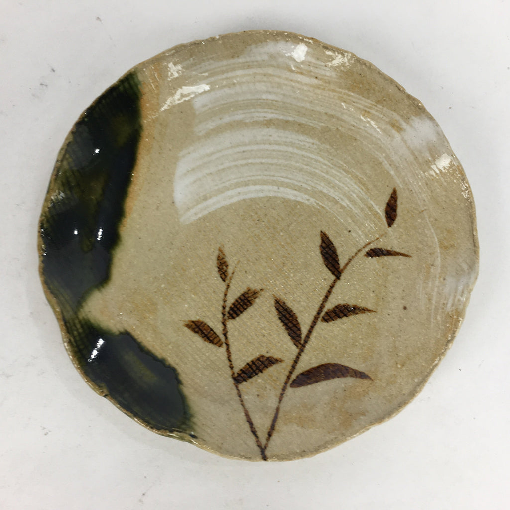Japanese Ceramic Small Plate Oribe ware Kozara Vtg Round Pottery Bamboo PP630