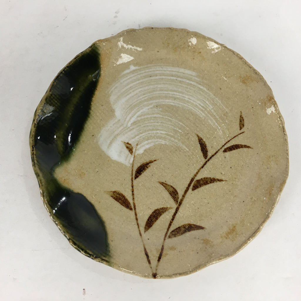 Japanese Ceramic Small Plate Oribe ware Kozara Vtg Round Pottery Bamboo PP632
