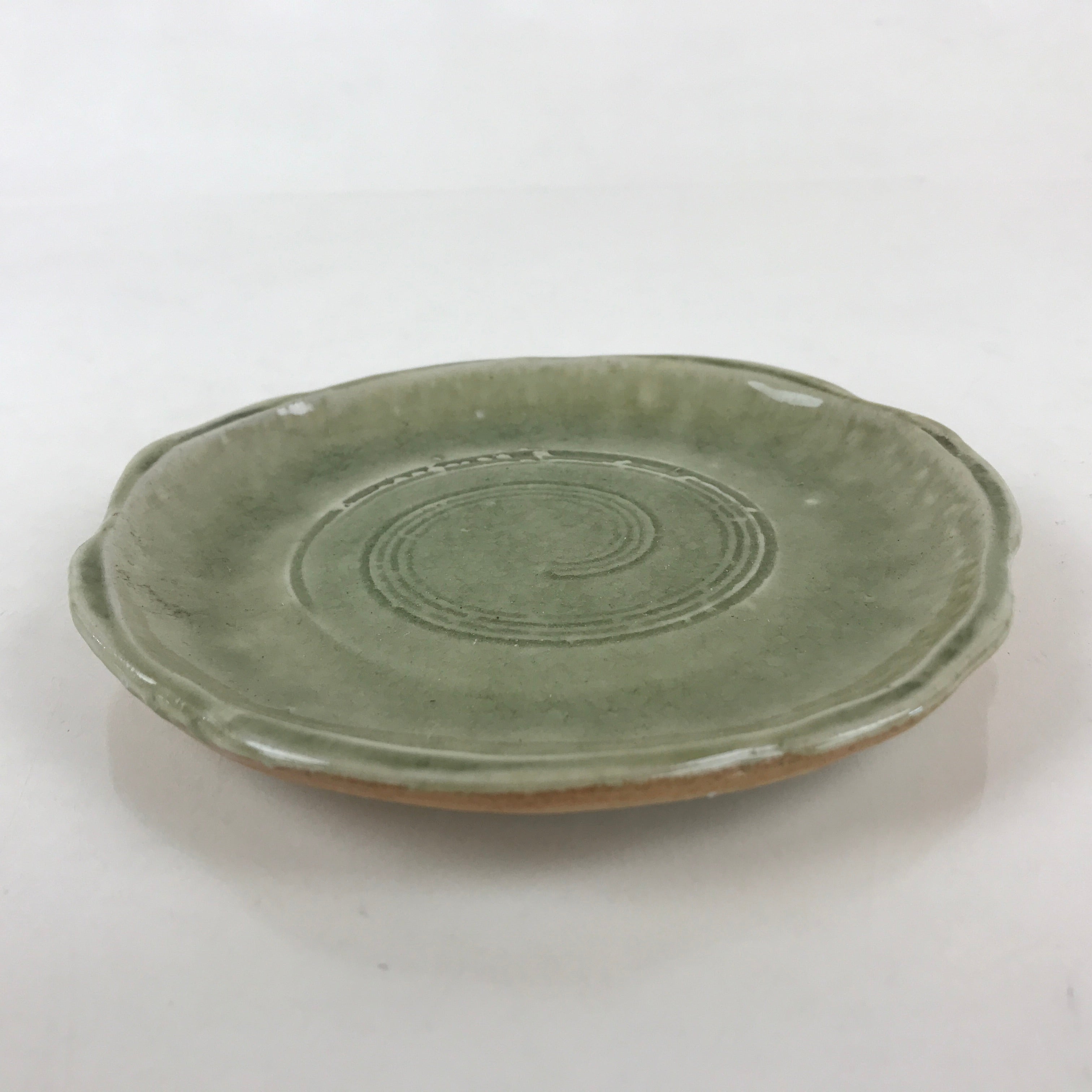 Japanese Ceramic Small Plate Vtg Round Pottery Yakimono Green Glaze Kozara PY259