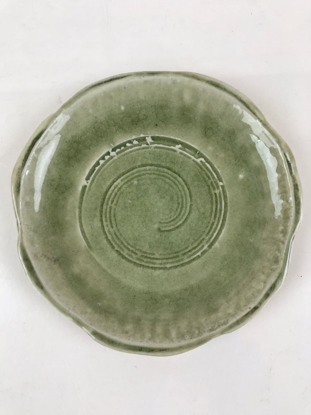 Japanese Ceramic Small Plate Vtg Round Pottery Yakimono Green Glaze Kozara PY259