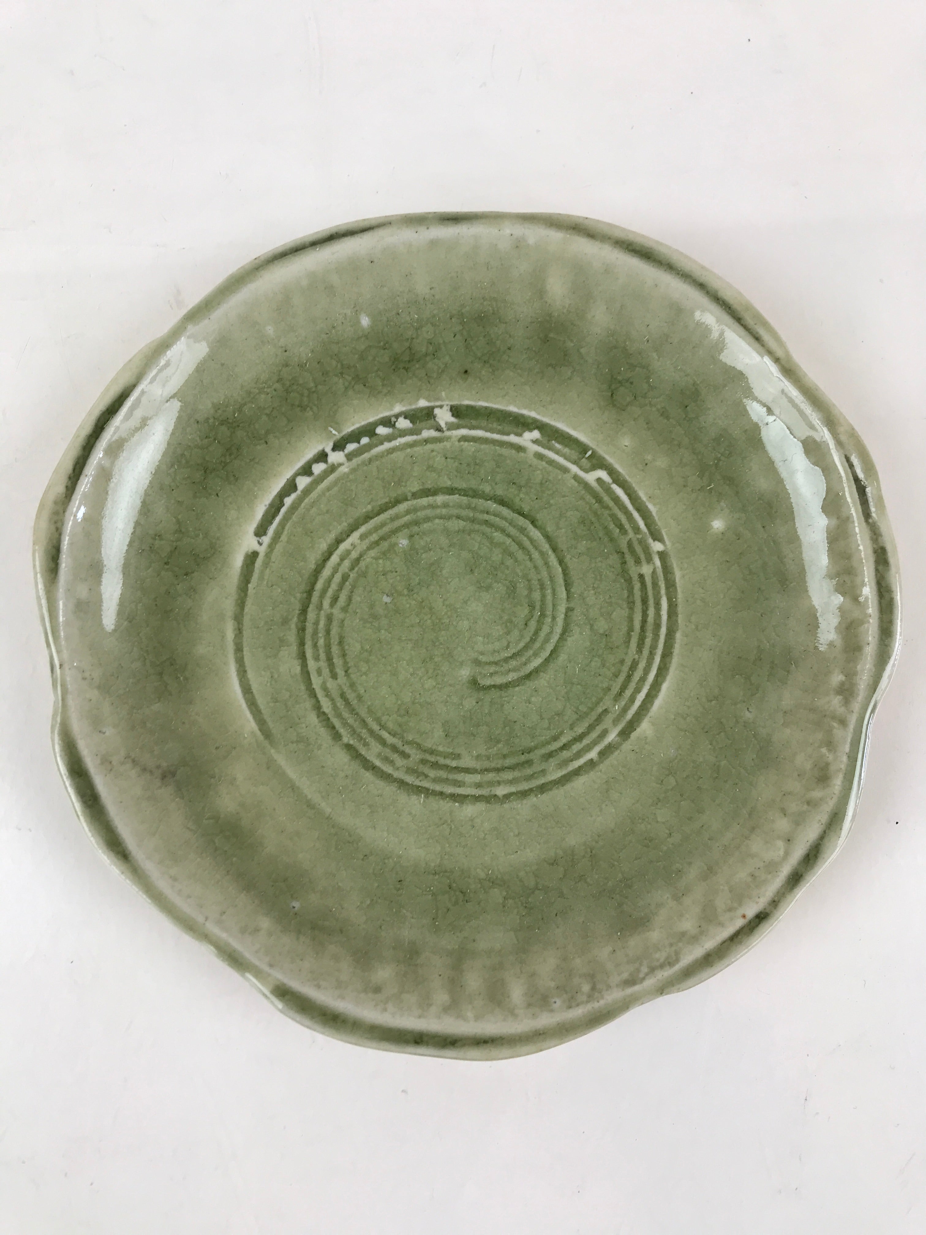Japanese Ceramic Small Plate Vtg Round Pottery Yakimono Green Glaze Kozara PY259