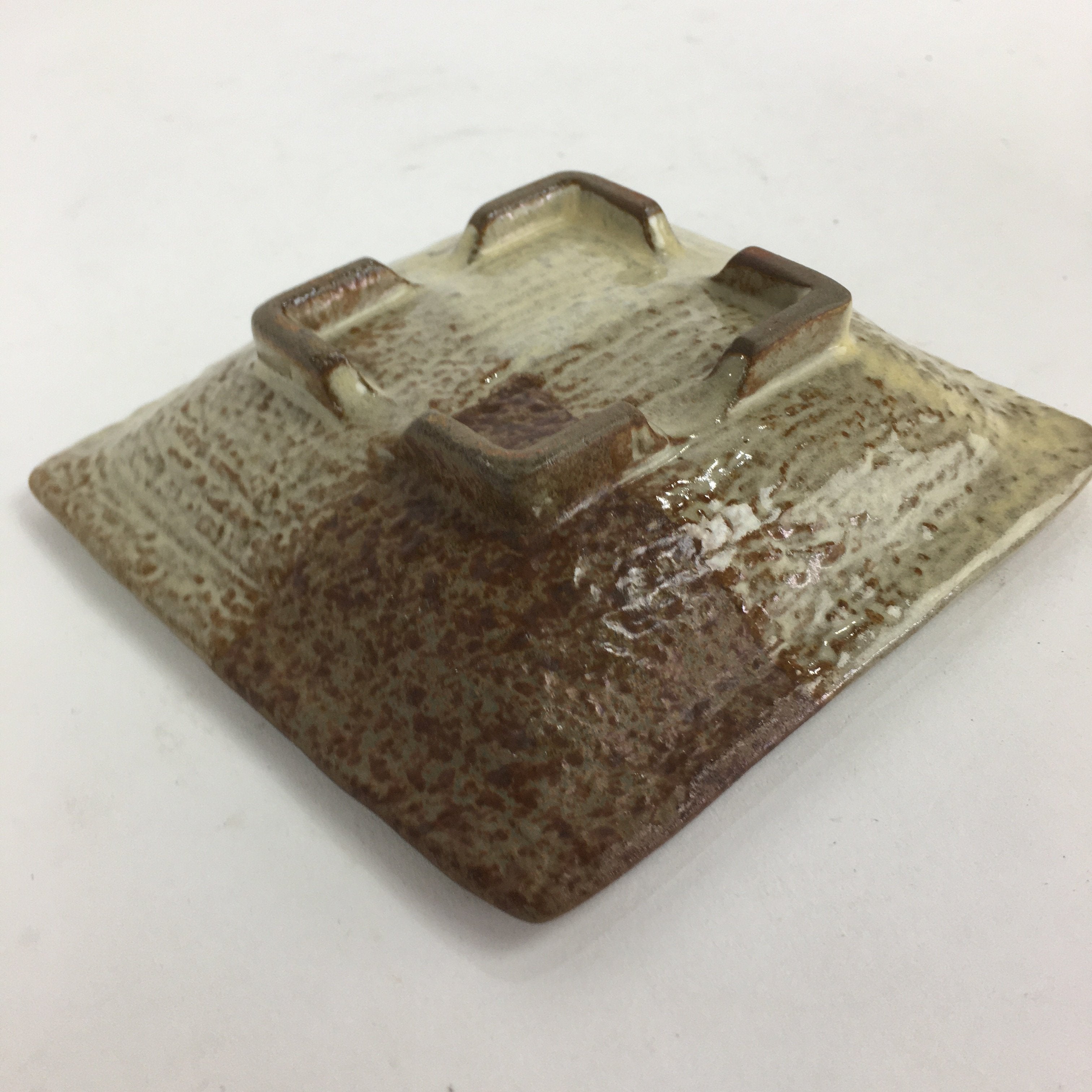 Japanese Ceramic Small Plate Vtg Square Shape Pottery Brown Yellow