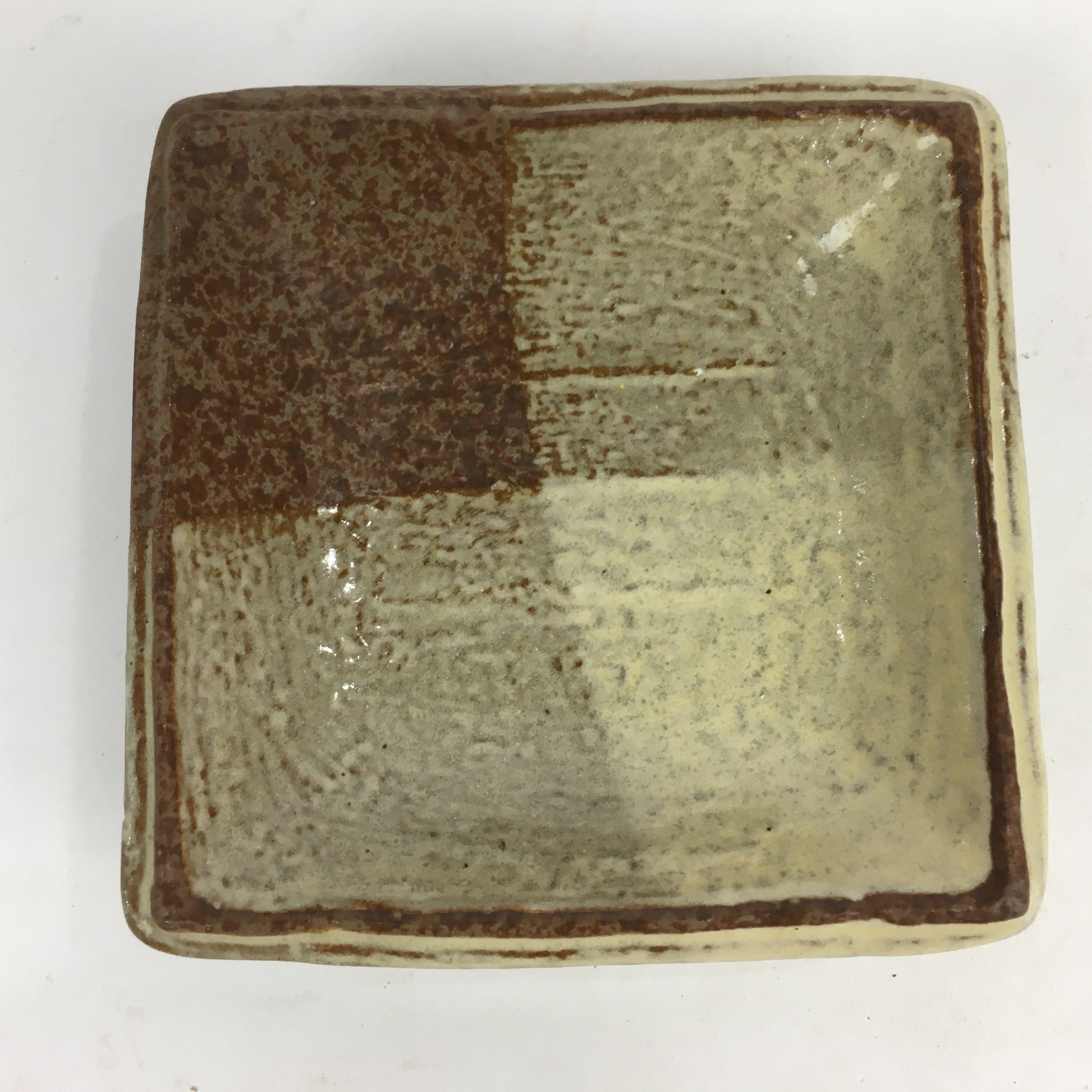 Japanese Ceramic Small Plate Vtg Square Shape Pottery Brown Yellow