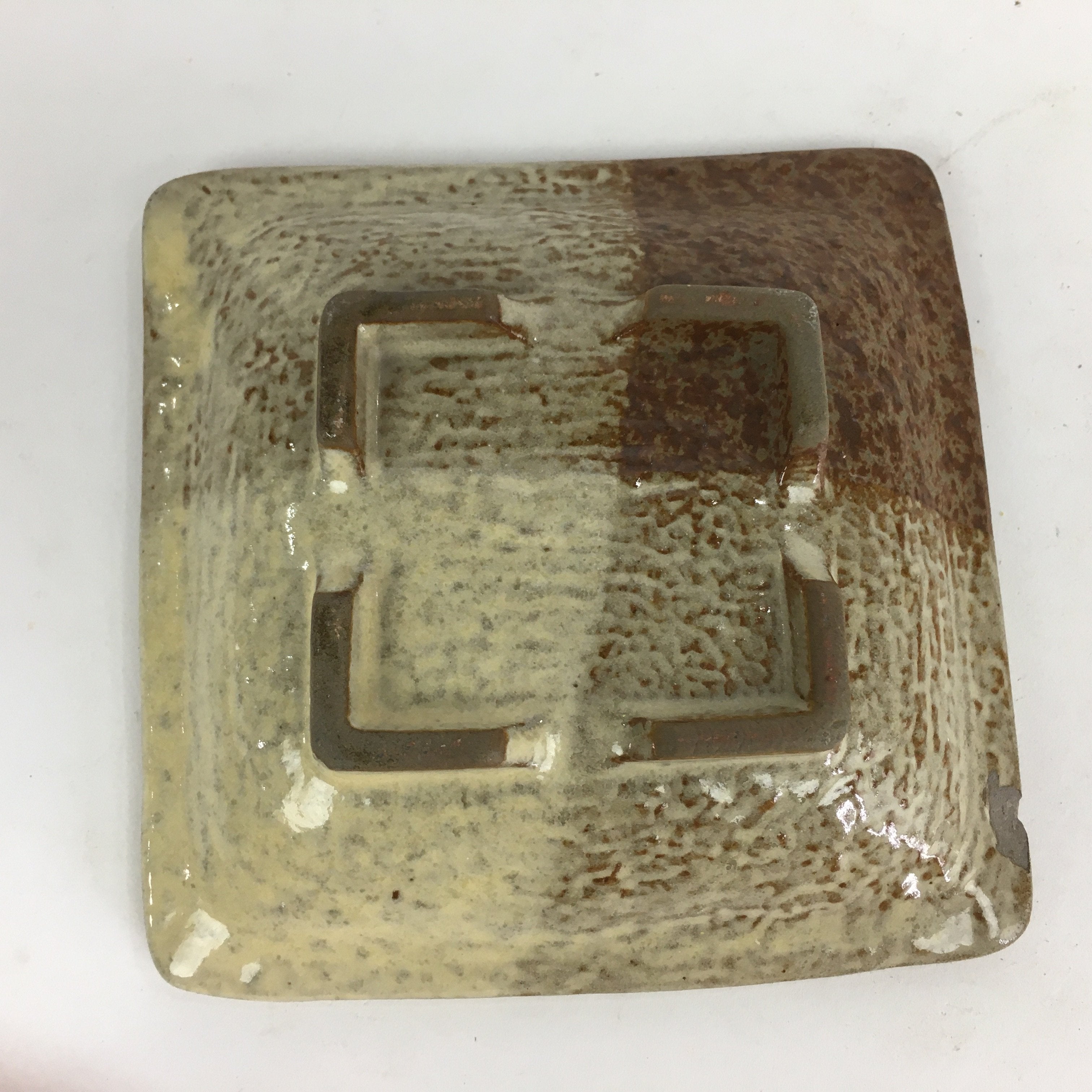 Japanese Ceramic Small Plate Vtg Square Shape Pottery Brown Yellow